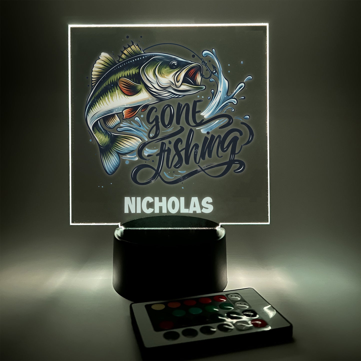 Gone Fishing Night Light, Personalized Free, LED Night Lamp, With Remote Control, Engraved Gift, 16 Colors, Fish Light Up Table Lamp