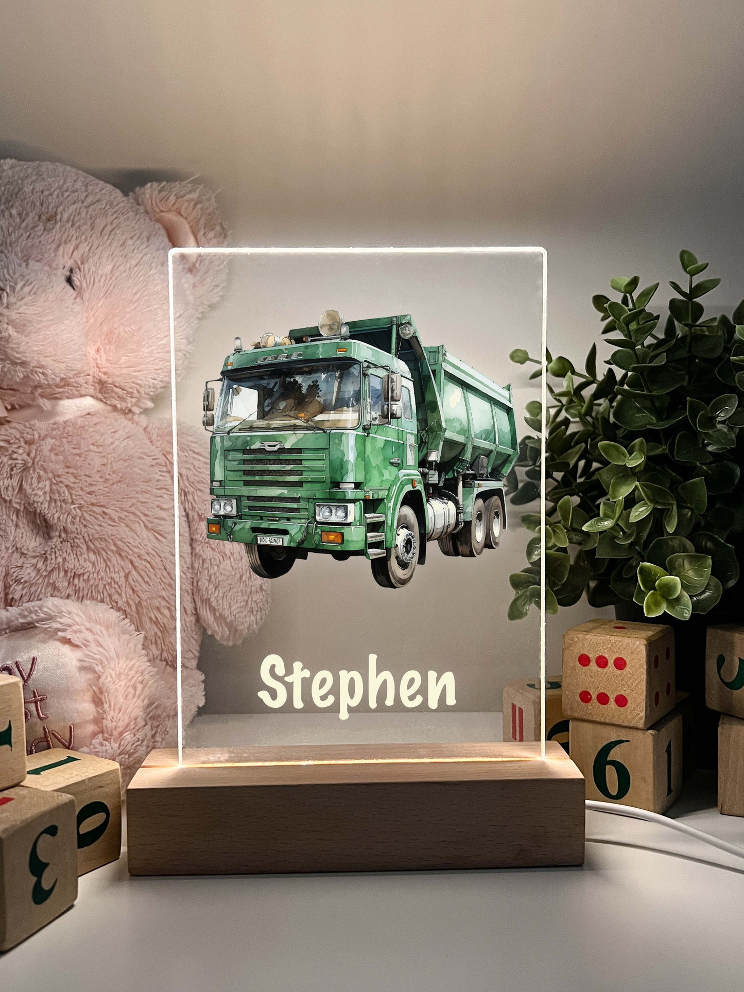 Personalized Boys Garage Truck LED Lamp with Wooden LED Stand, Sanitation Garbage Trash Truck Dumping Trailer Heavy Duty Equipment Themed Gift