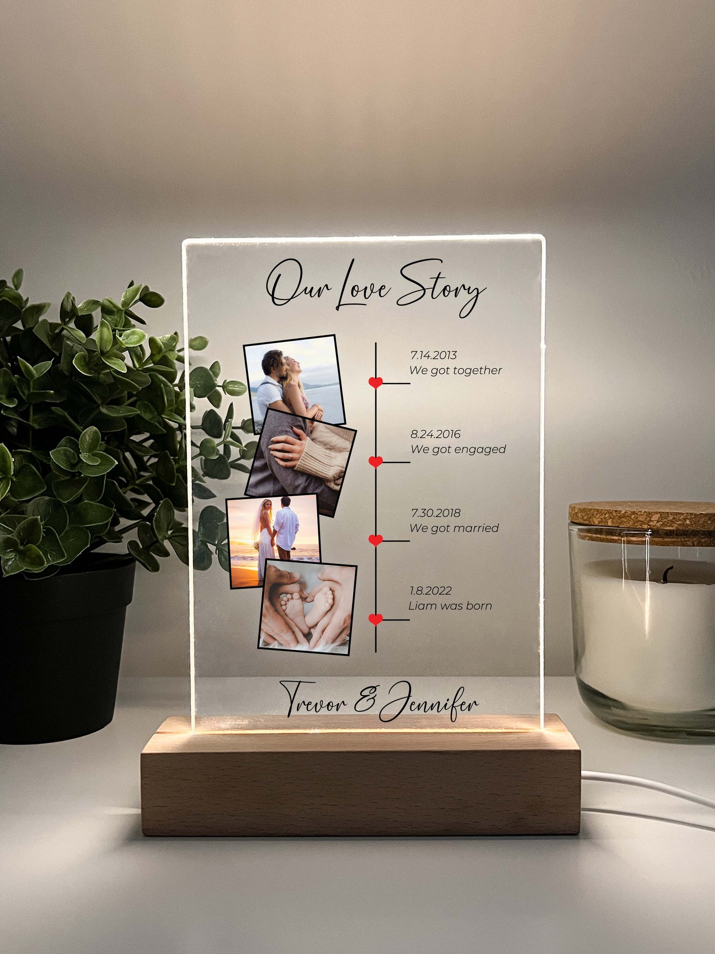 Our Love Story Personalized Photo Stand Light LED Lamp with Wooden Base