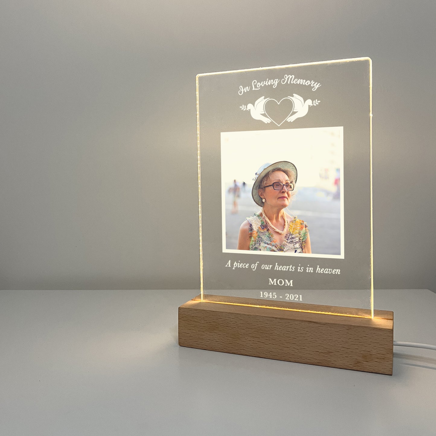 Personalized Unique Sympathy Gifts with Wooden Stand, For Loss Custom In Loving Memory Loved One Light Up Picture Frame Photo & Text Memorial Plaque Night Lamp