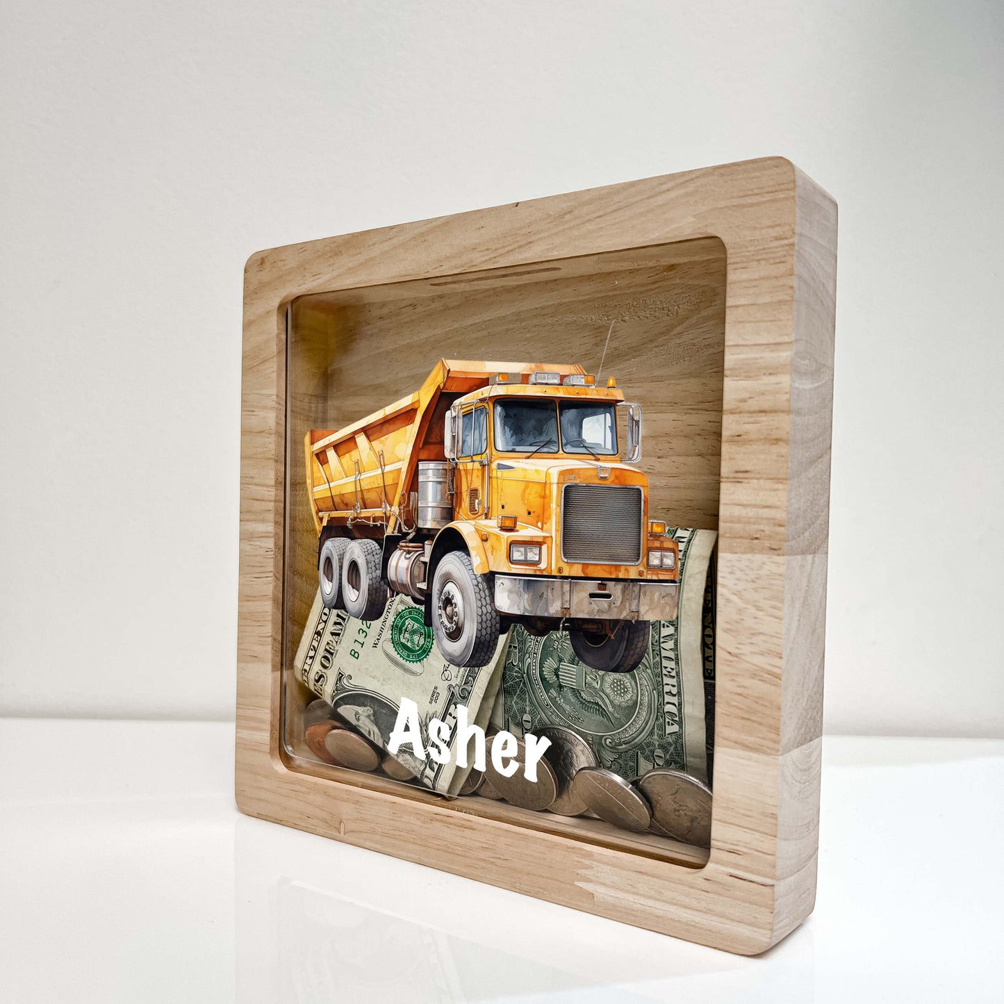 Personalized Savings In Style Piggy Bank Boys Custom Name Money Box Construction Dump Truck Dumping Trailer Heavy Duty Equipment Themed Gift