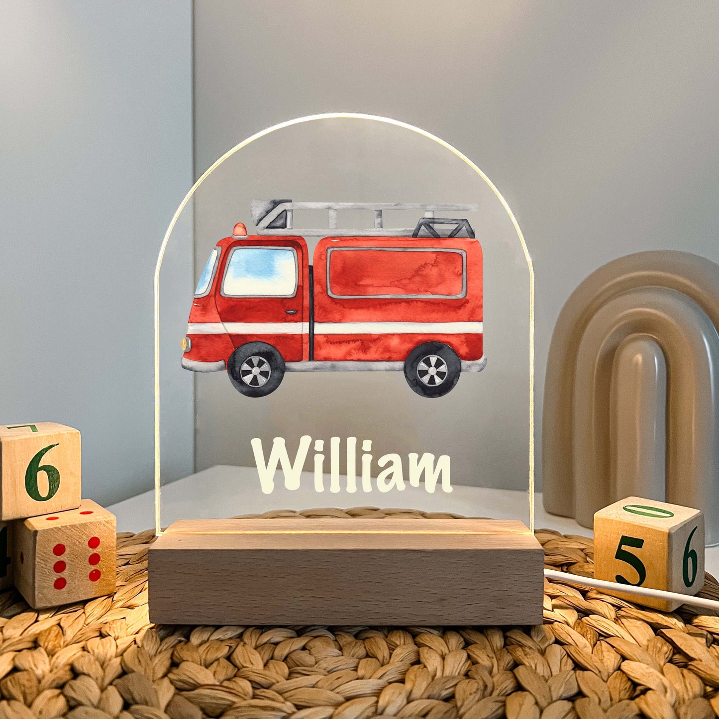 Personalized Custom Fire Engine Truck Firefighter Night Light Up LED Lamp For Kids Room, Nursery Gift, Bedroom Decor, Boys Night Light