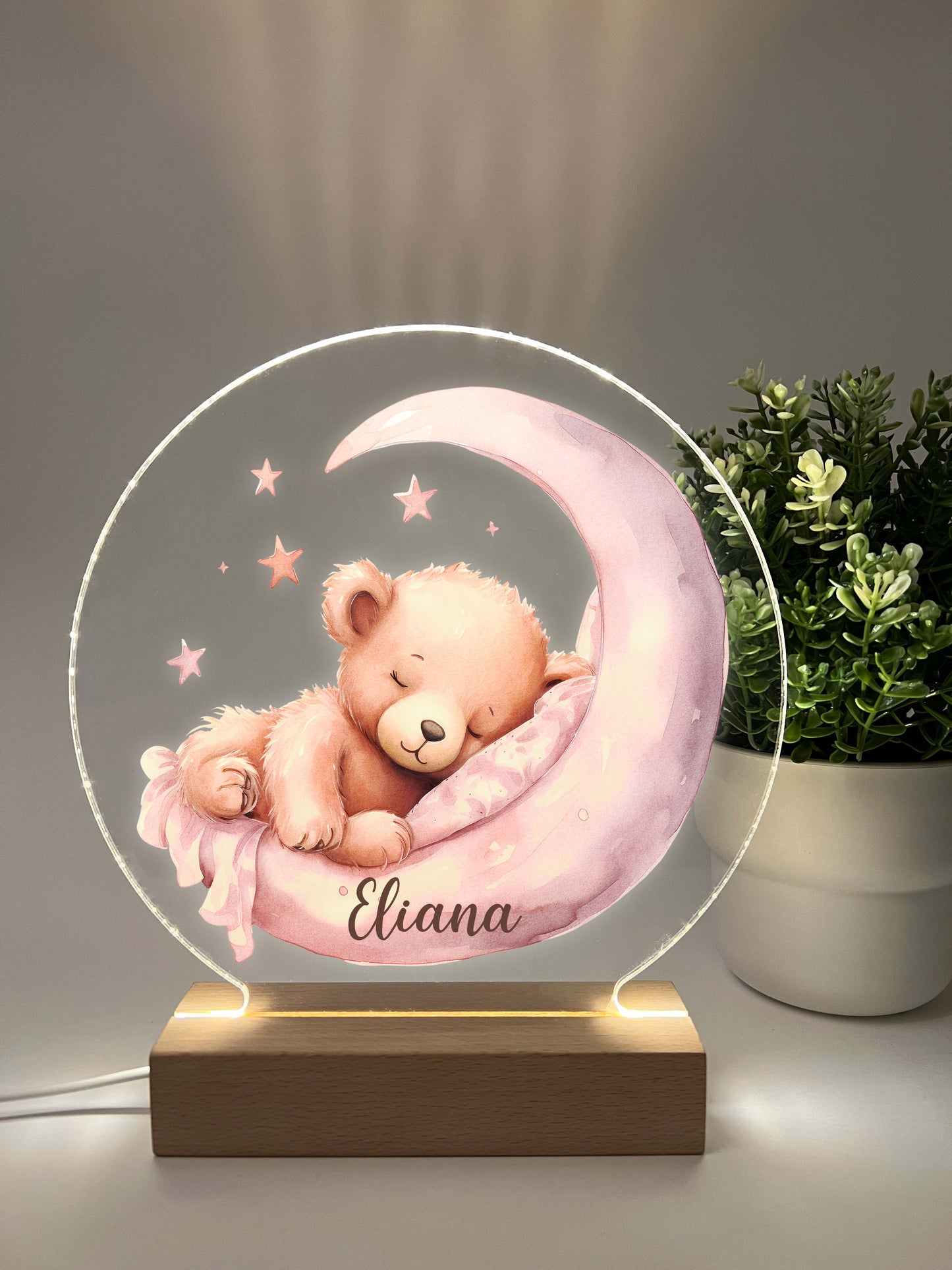 Personalized Cute Baby Pink Sleeping Bear Night LED Lamp For Kids Room, Cute Baby Gift, Custom Girls Boys Night Light, Nursery Decor, Night Light Gift, not arched