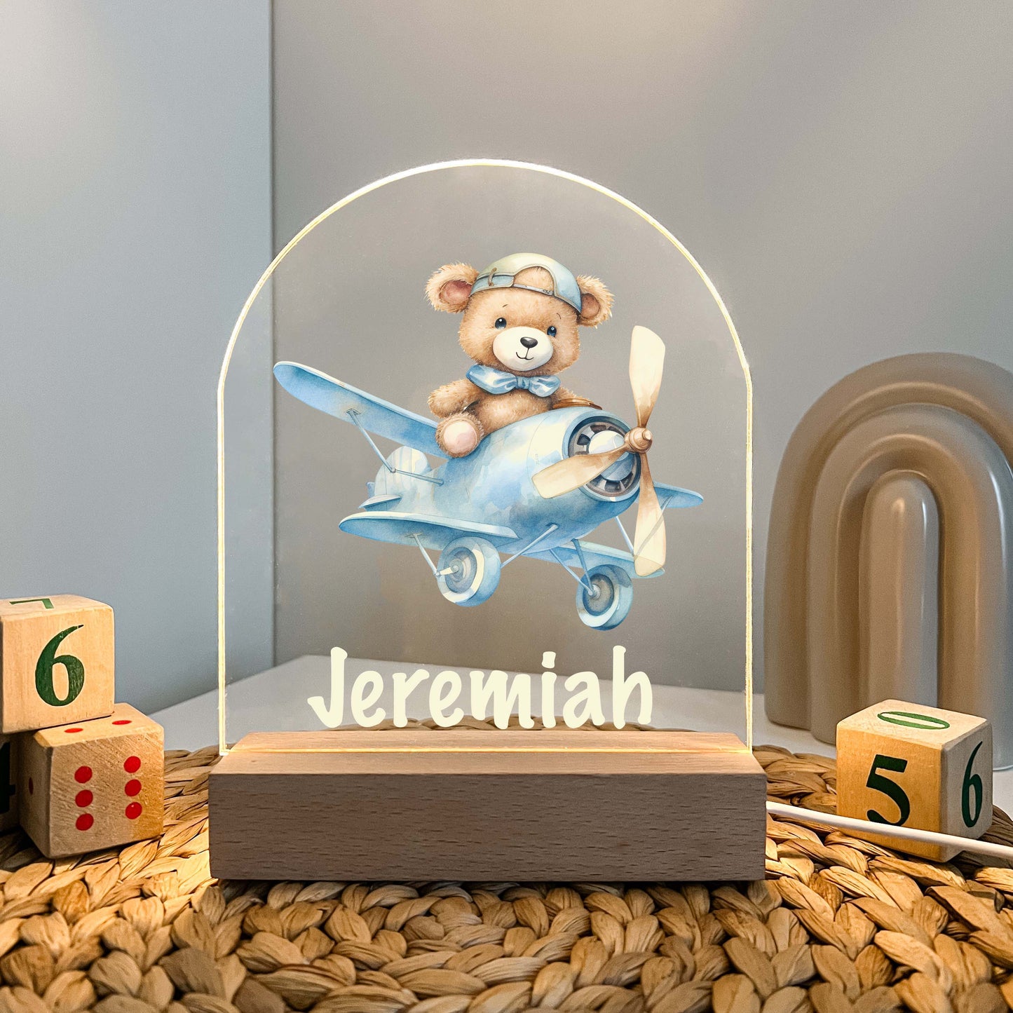 Personalized Cute Baby Bear with Airplane Night LED Lamp For Kids Room, Cute Baby Gift, Custom Girls Boys Night Light, Nursery Decor, Night Light Gift