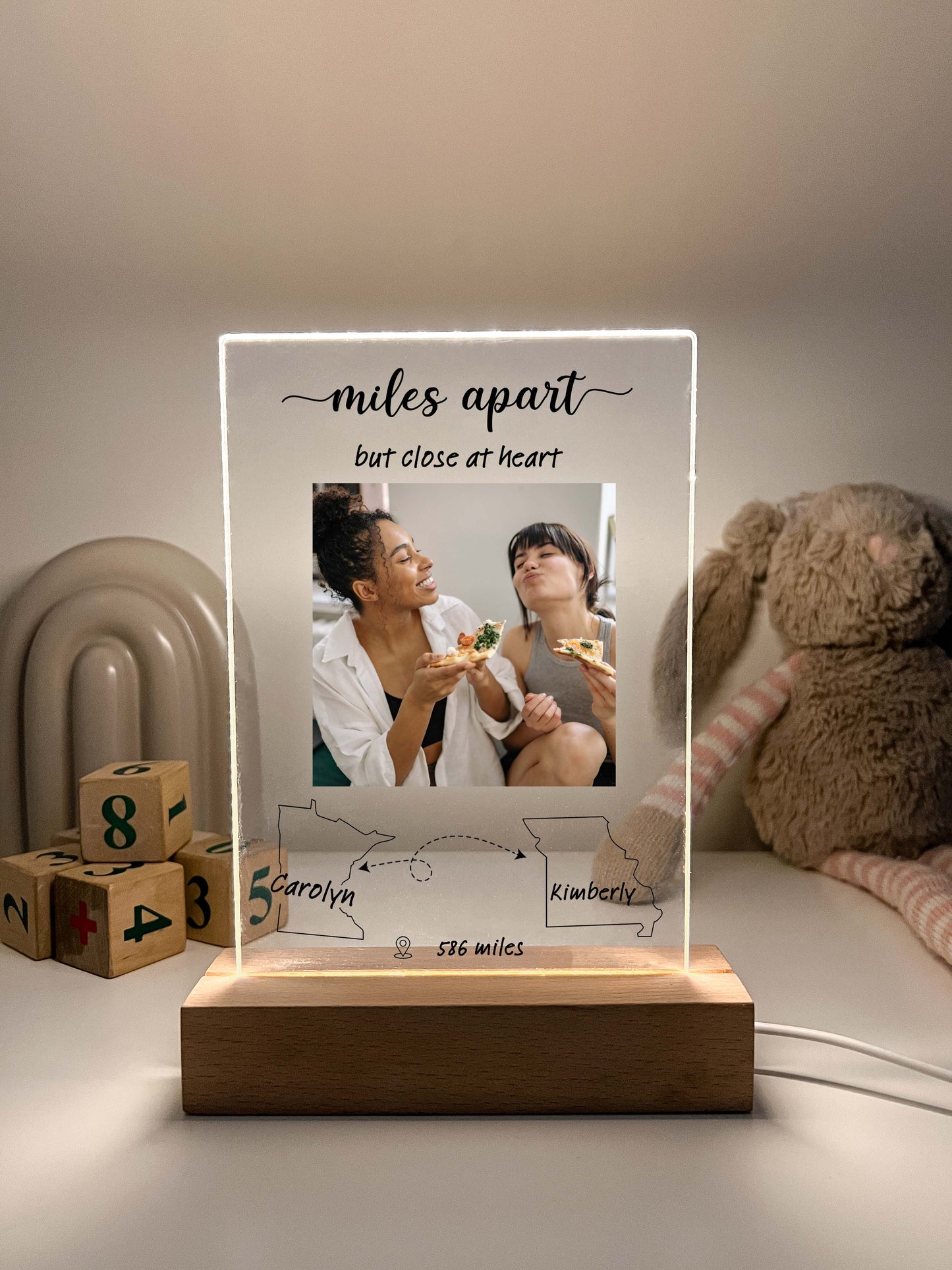 Long Distance Gift, Personalized Custom Photo LED Light with Wooden Base, Two State Gift, State To State Gift, Moving Away Gift, Friendship State, Friendship Distance, Christmas Gift, Long Distance Gift, Friendship