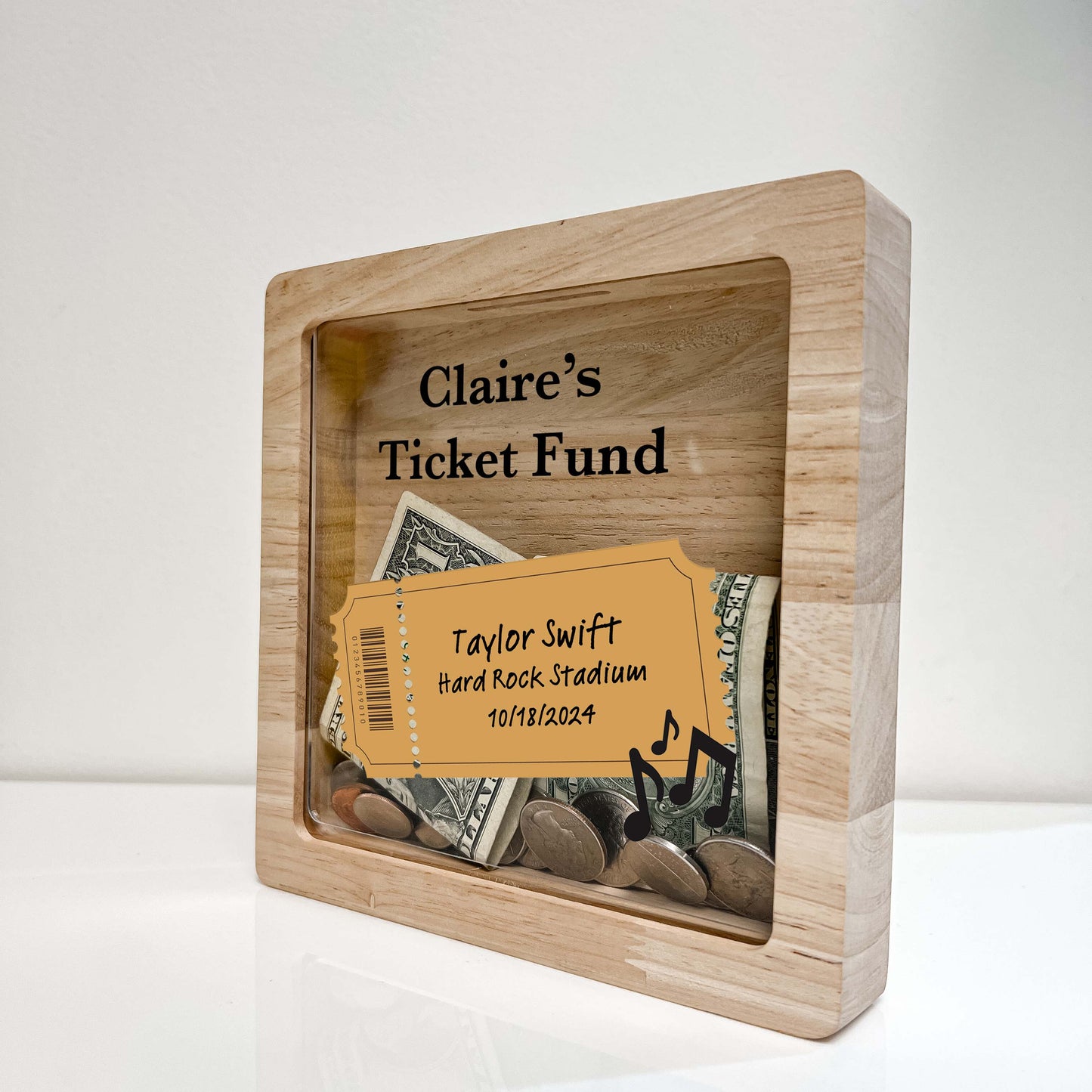 Concert Bank Shadow Box Personalized Adventure Ticket Fund Concert Memory Keepsake Bank Custom Musical Entertainment Frame Collection Gift