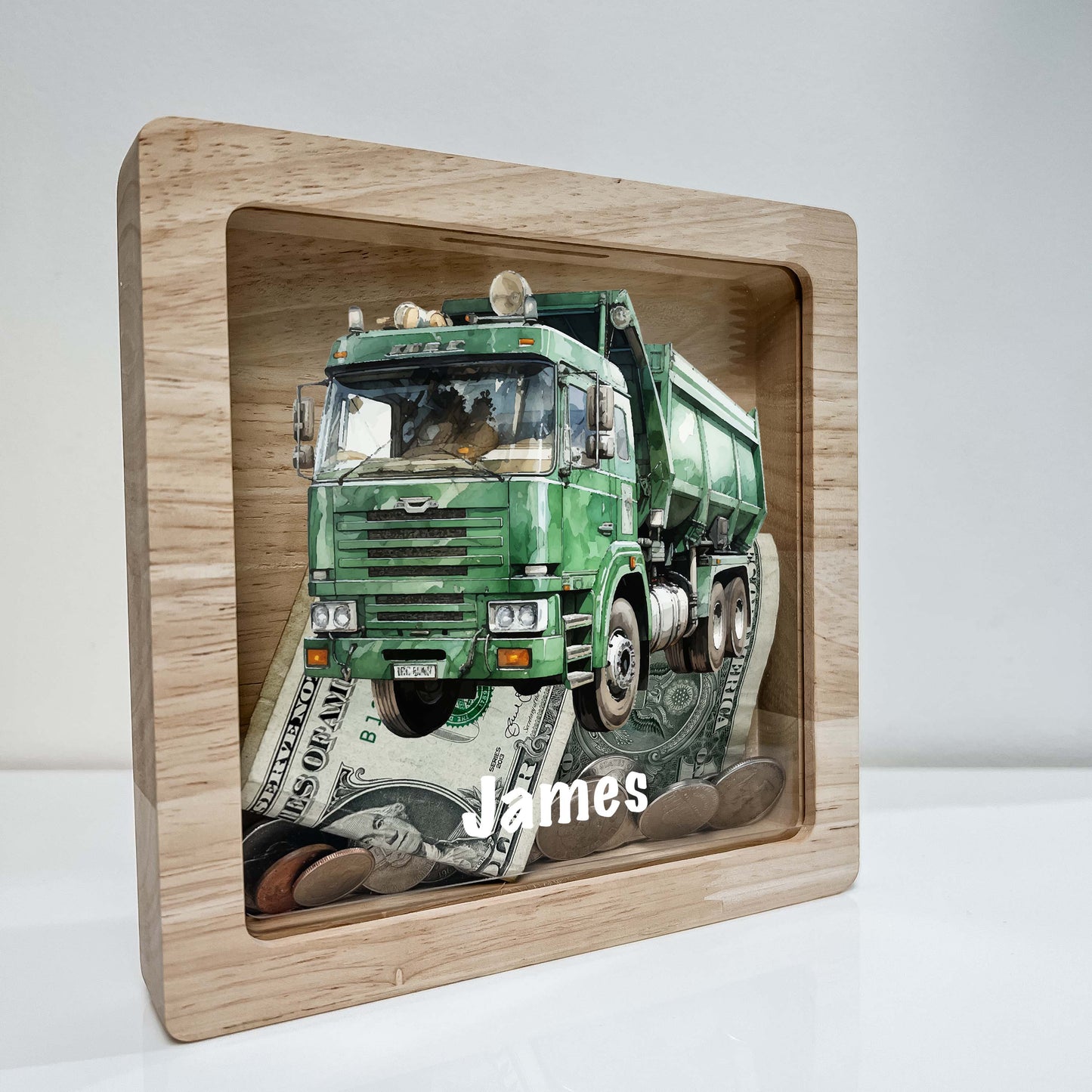 Personalized Savings Piggy Bank Boy Custom Name Money Box Sanitation Garbage Trash Truck Dumping Trailer Heavy Duty Equipment Themed Gift