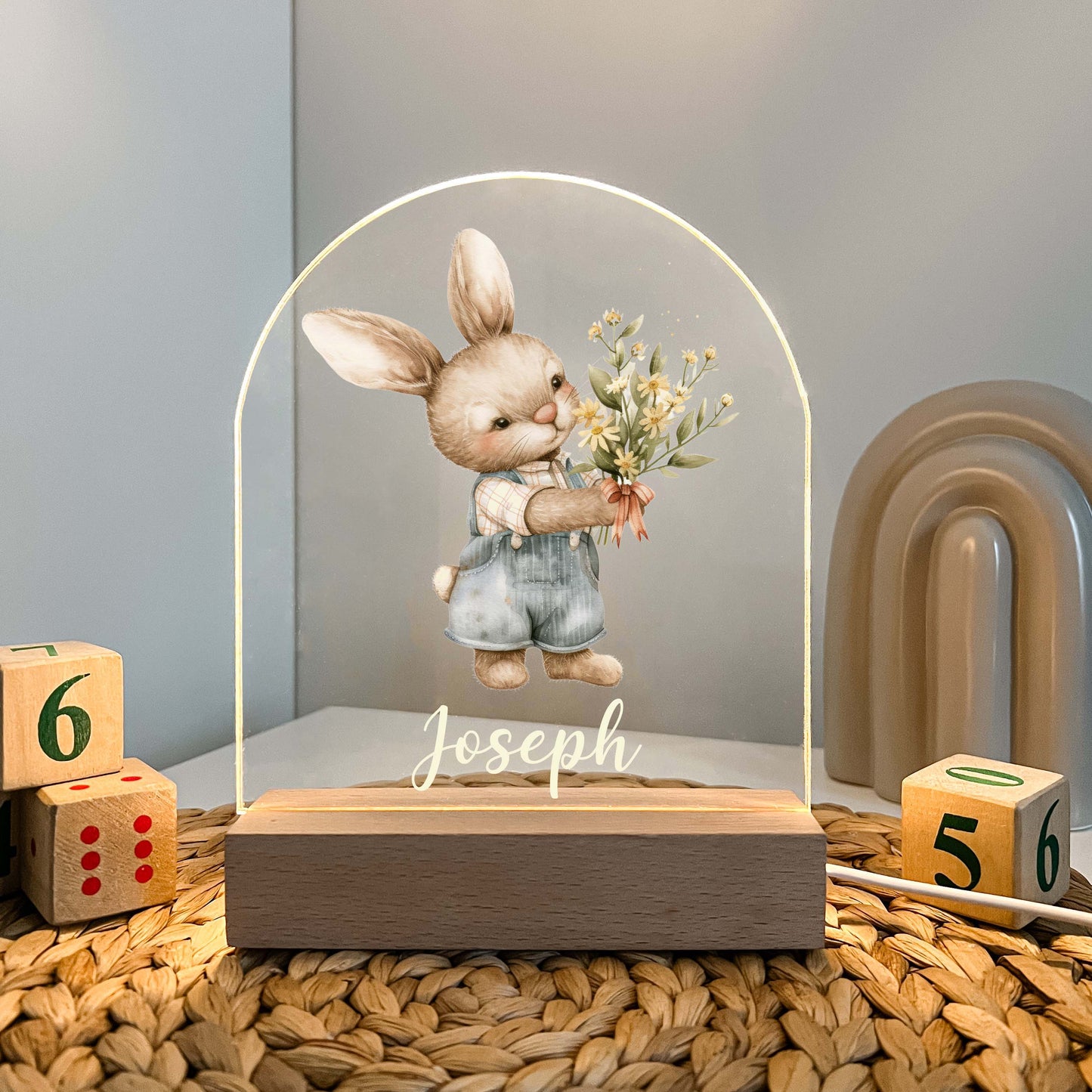 Too Cute To Resist Bunny Rabbit Night Light Up Table Lamp Wood Base LED Personalized Kids Childs Room Gift, Bedroom Decor, Boys Night Light