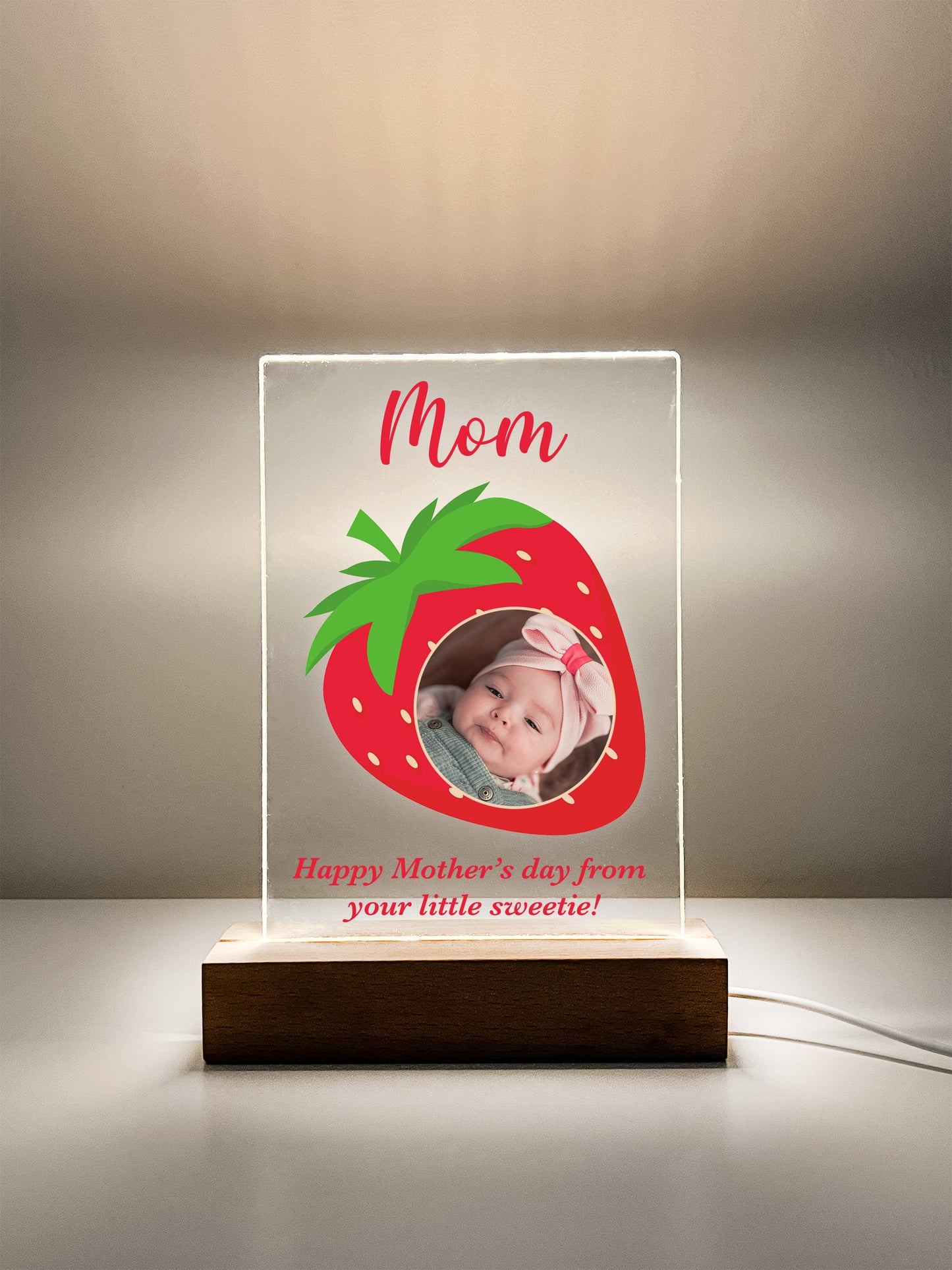 Photo Picture LED Wood Stand Strawberry Night Light Up Table Lamp Mom, Mommy, Mother's Day With Your Love Message Personalized Gift