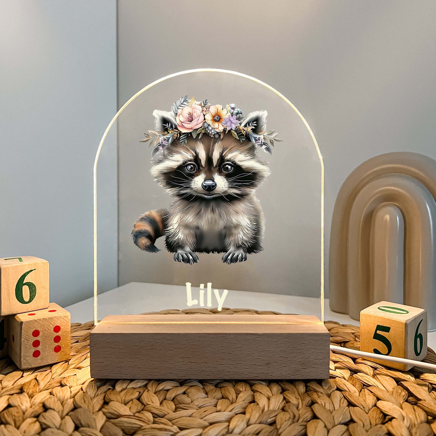 Racoon LED lamp with Wooden Base, Animal Lamp, Friends Night LED Lamp For Kids Room, Baby Gift, Girls Boys Night Light, Bedroom Decor, Night Light Gift