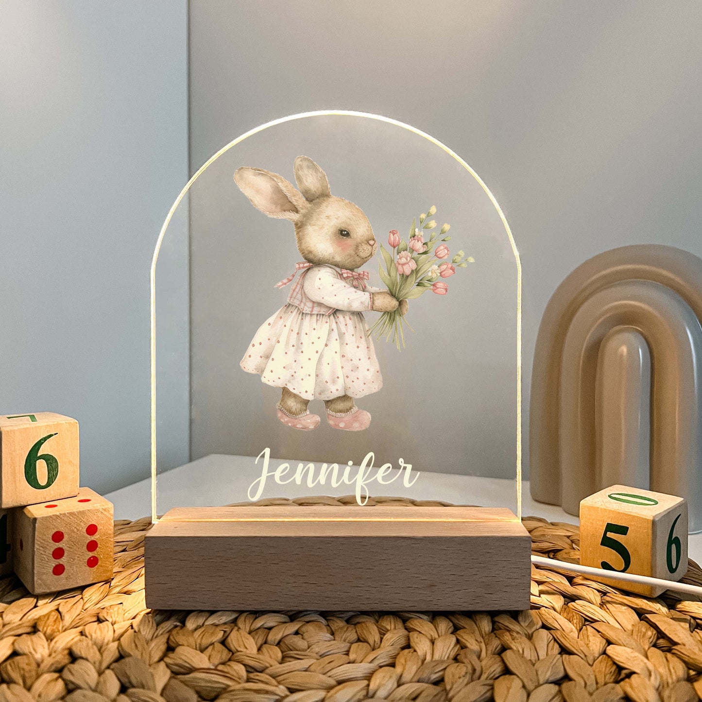 Too Cute To Resist Bunny Rabbit Night Light Up Table Lamp Wood Base LED Personalized Kids Childs Room Gift, Bedroom Decor, Girls Night Light