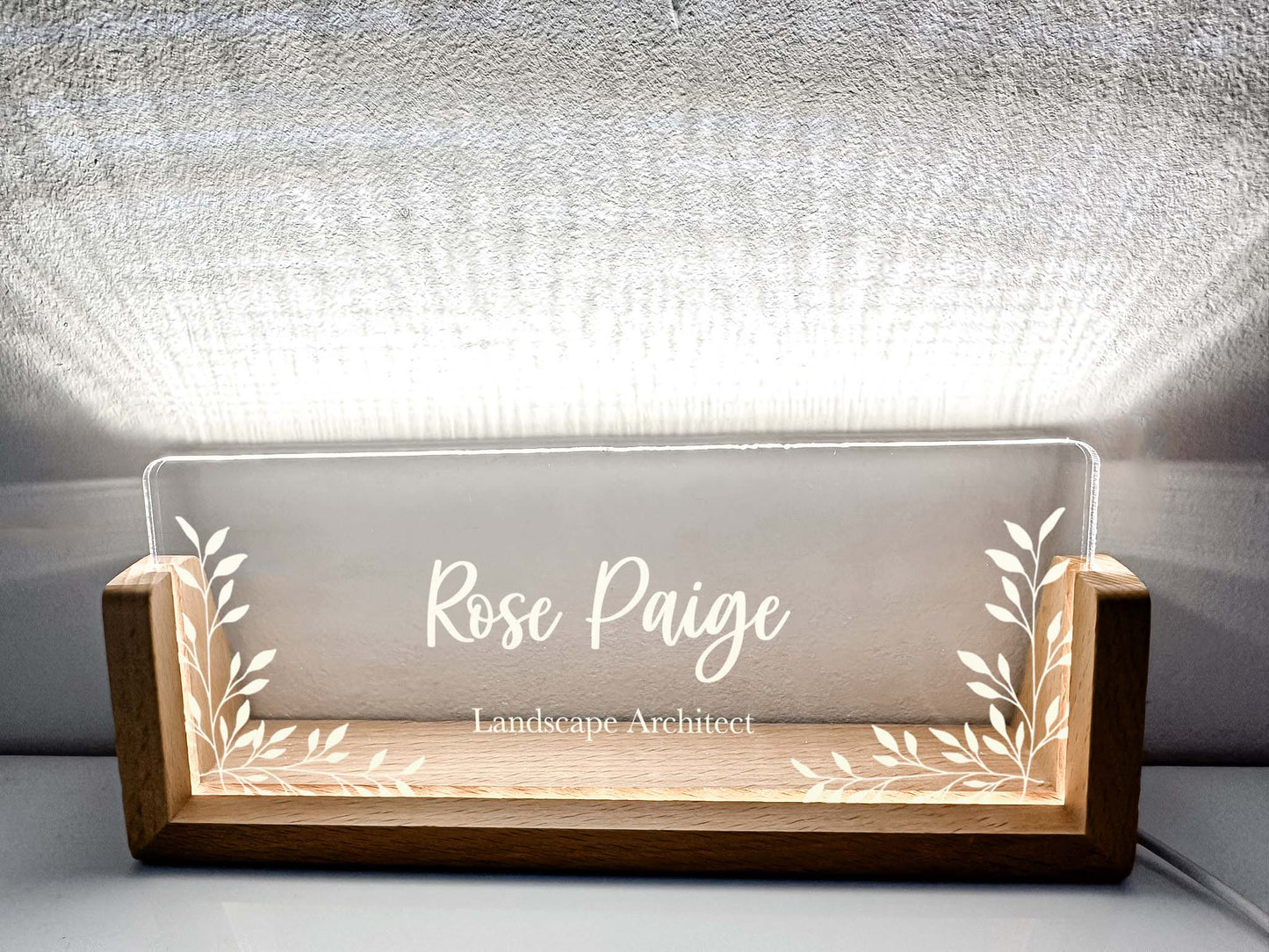 Personalized Desk Name Plate With Wooden Base, Black or white flower, Lighted LED Light Nameplate, Desk Accessories, Office Gifts for Boss Coworkers, New Job Gifts