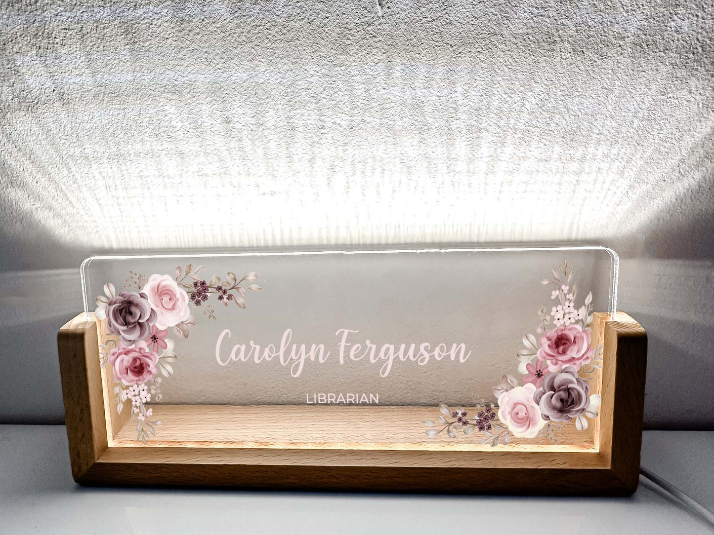 Personalized Desk Name Plate With Wooden Base, Baby pink flowers/roses , Lighted LED Light Nameplate, Desk Accessories, Office Gifts for Boss Coworkers, New Job Gifts