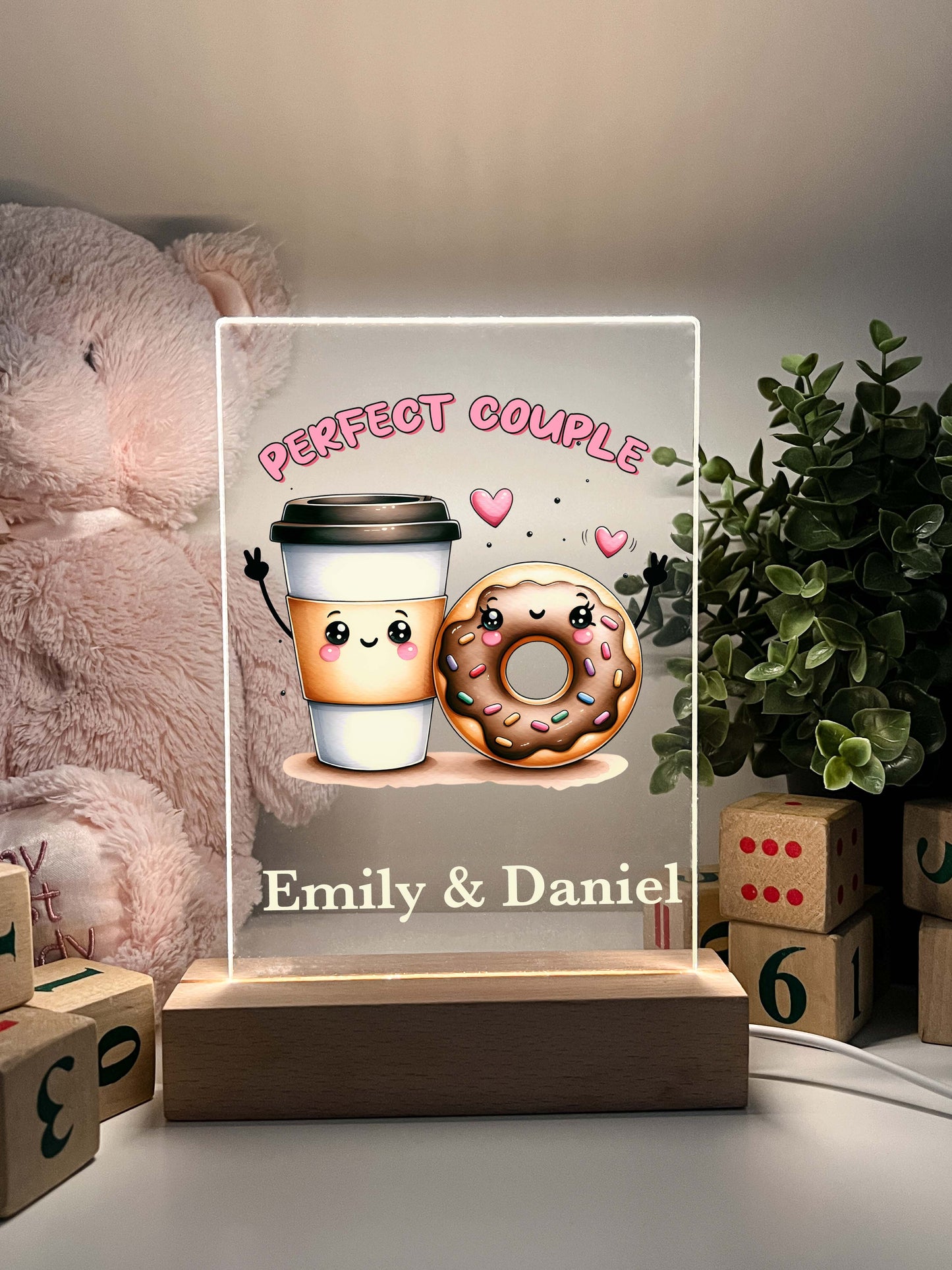 Personalized Coffee & Doughnut Perfect Match Desk Stand Light Up LED Lamp with Wooden Stand, Valentines Gift, Couples gift, Gift for her, Anniversary Gift