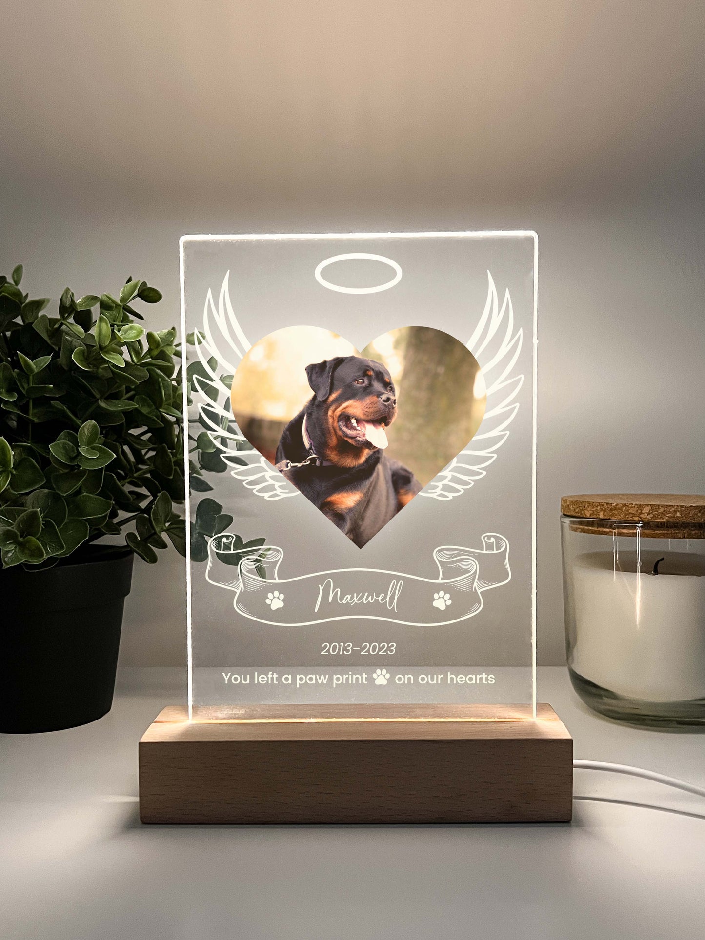 Pet Memorial Angel Wings Night Light with Wooden Base, Custom Pet Plaque, Pet Night Light, Custom Pet Photo, Pet Memorial Frame, Gifts for Pets, Cat Dog Loss Gift