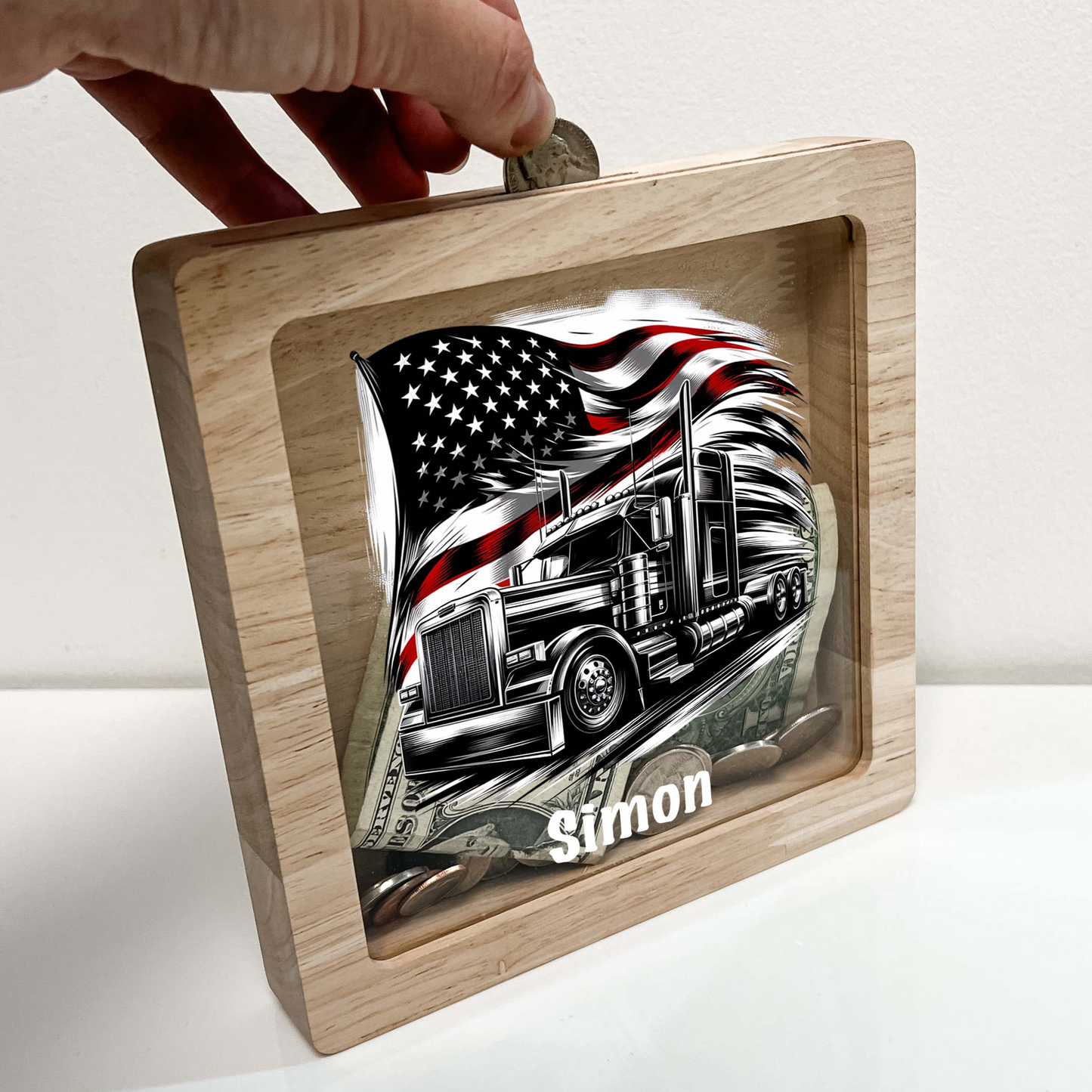 Personalized Savings Bank Boys Custom Money Box Semi Tractor Trailer American Flag USA Trucking 18 Wheeler Truck Heavy Equipment Themed Gift