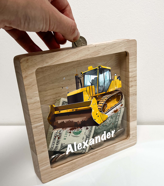 Personalized Savings Piggy Bank Dozer Custom Name Money Box Construction Truck Bulldozer Builder Heavy Equipment Themed Toddler Boys Gift