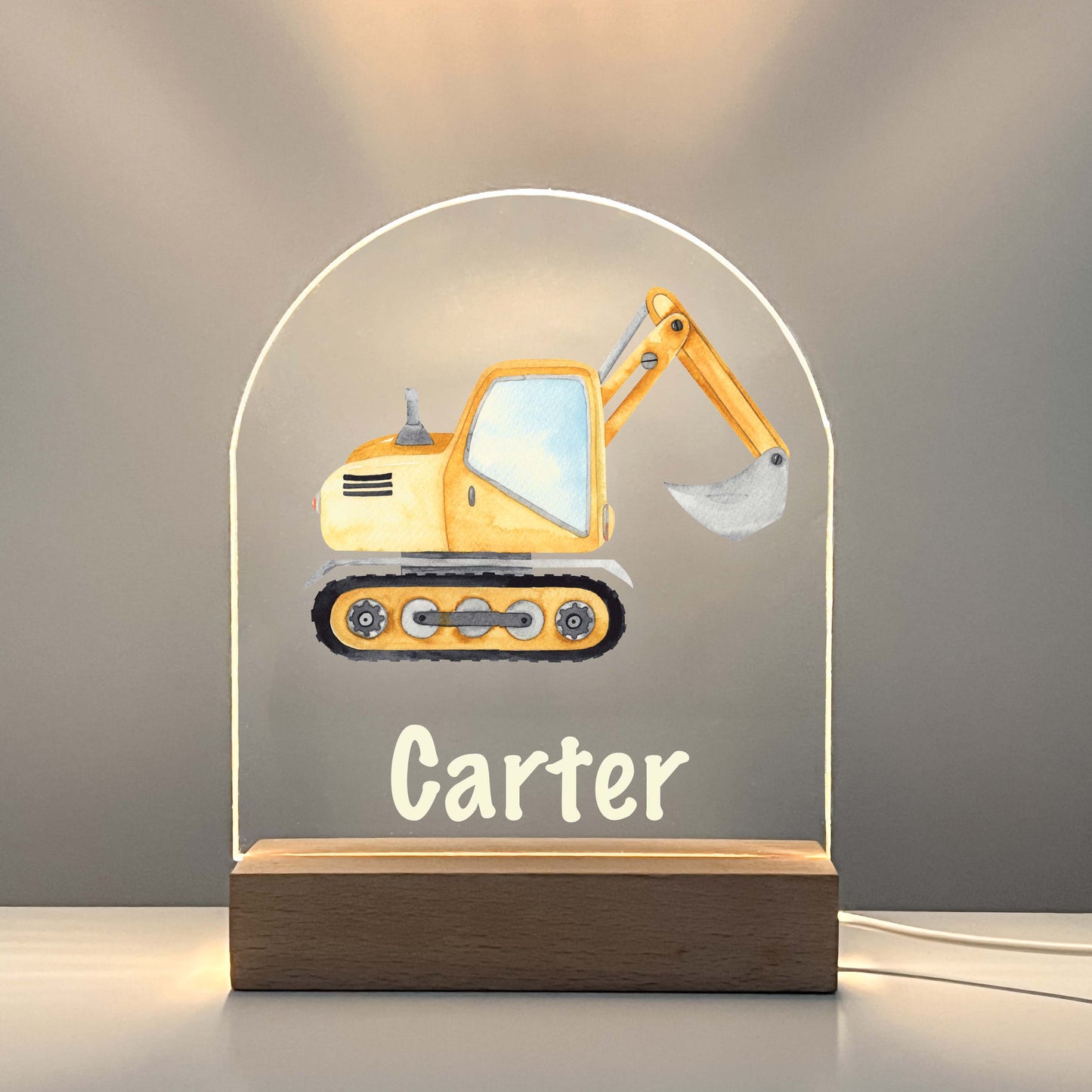 Custom Personalized LED Wood Stand Night Light Up Table Lamp Boys Room Decor Construction Excavator Bucket Truck Heavy Equipment Themed Gift