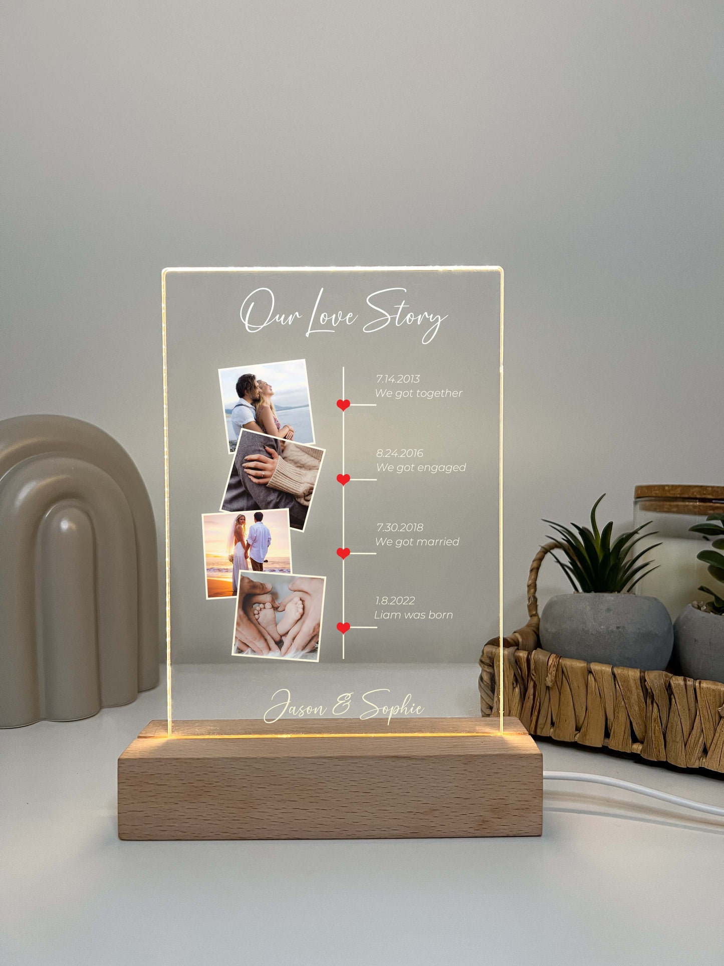 Our Love Story Personalized Photo Stand Light LED Lamp with Wooden Base