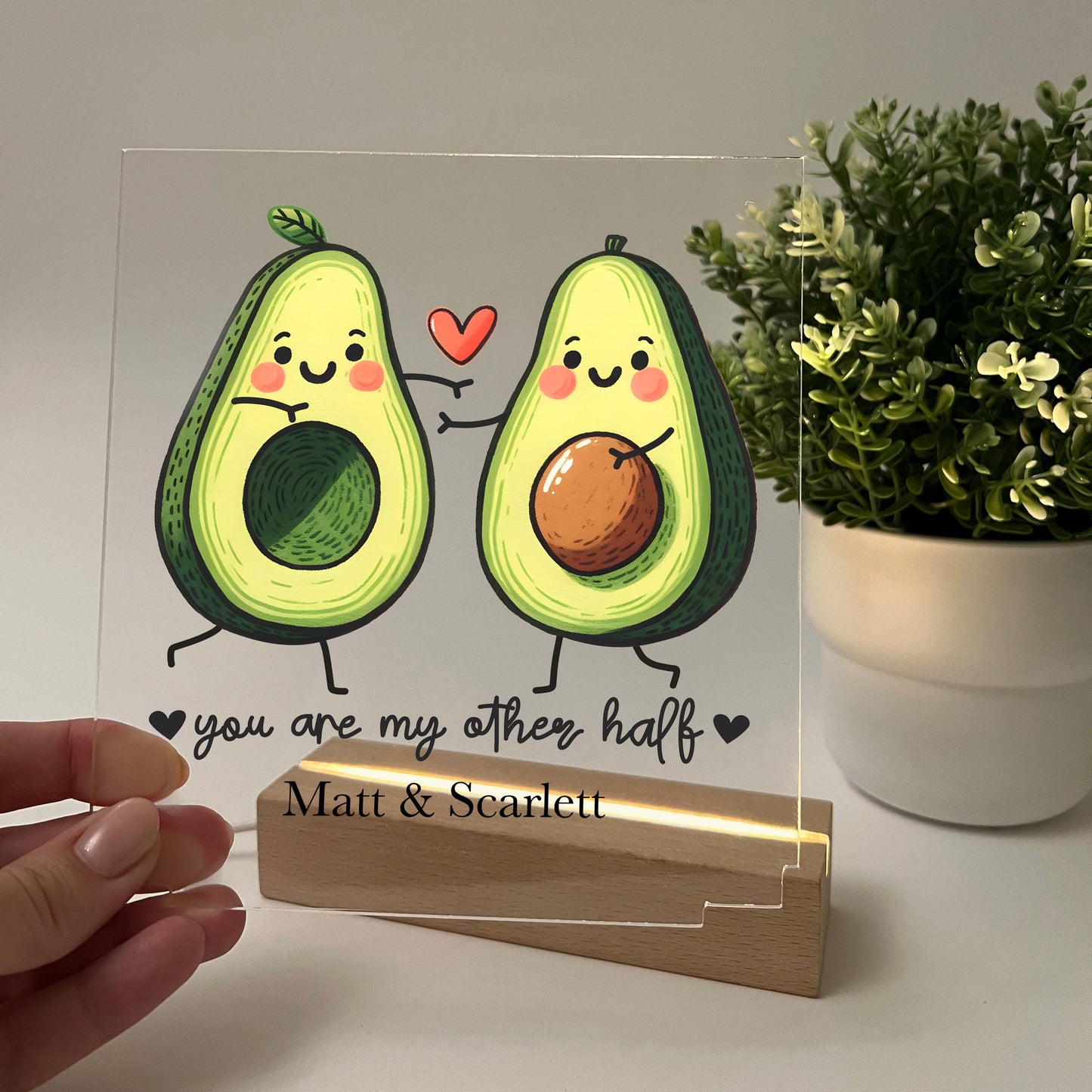 Personalized You Are My Other Half Avocado Desk Stand Light Up LED Lamp with Wooden Base, Valentines Gift, Couples Gift, Gift for her, Anniversary Gift