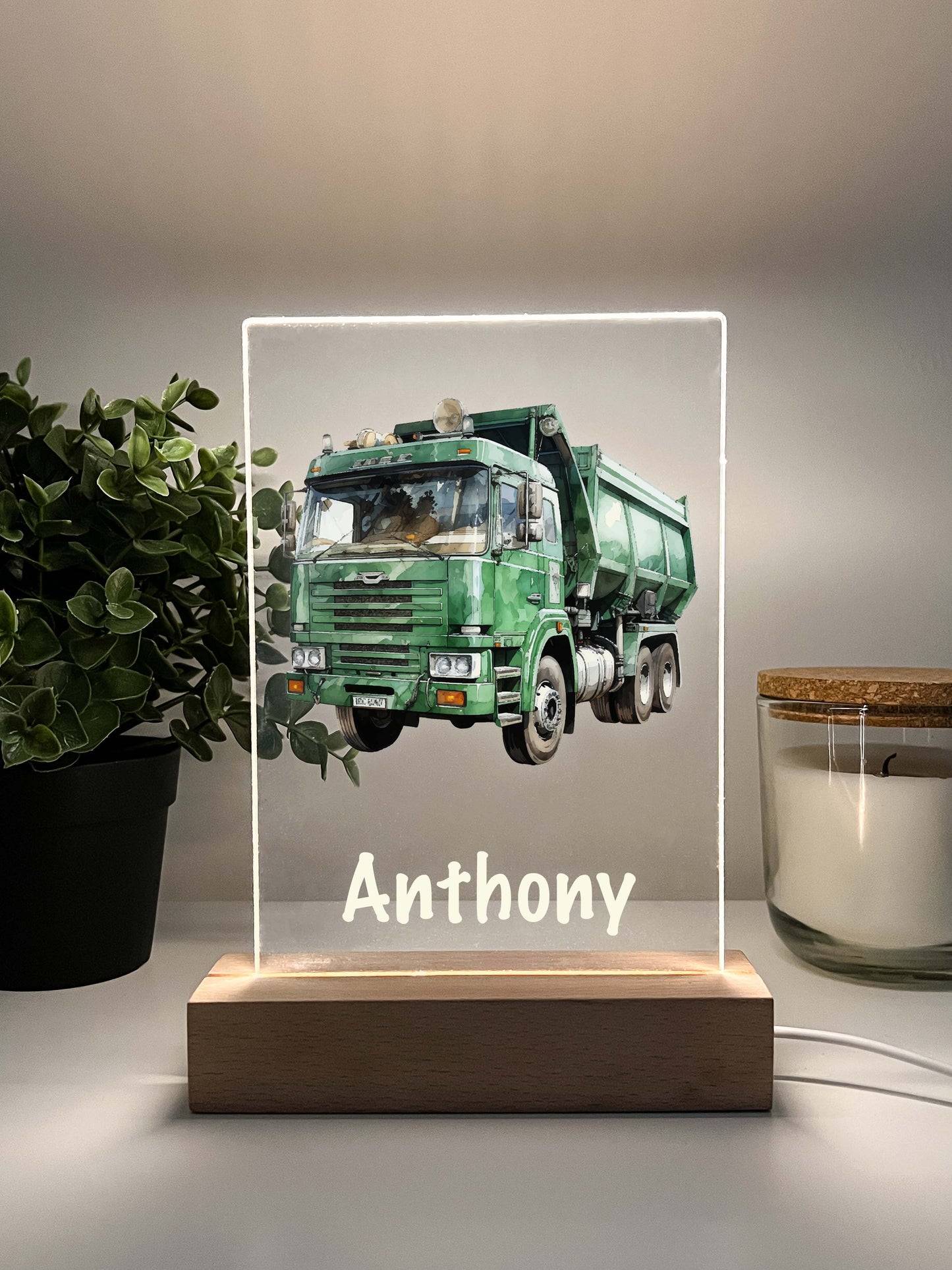 Personalized Boys Garage Truck LED Lamp with Wooden LED Stand, Sanitation Garbage Trash Truck Dumping Trailer Heavy Duty Equipment Themed Gift