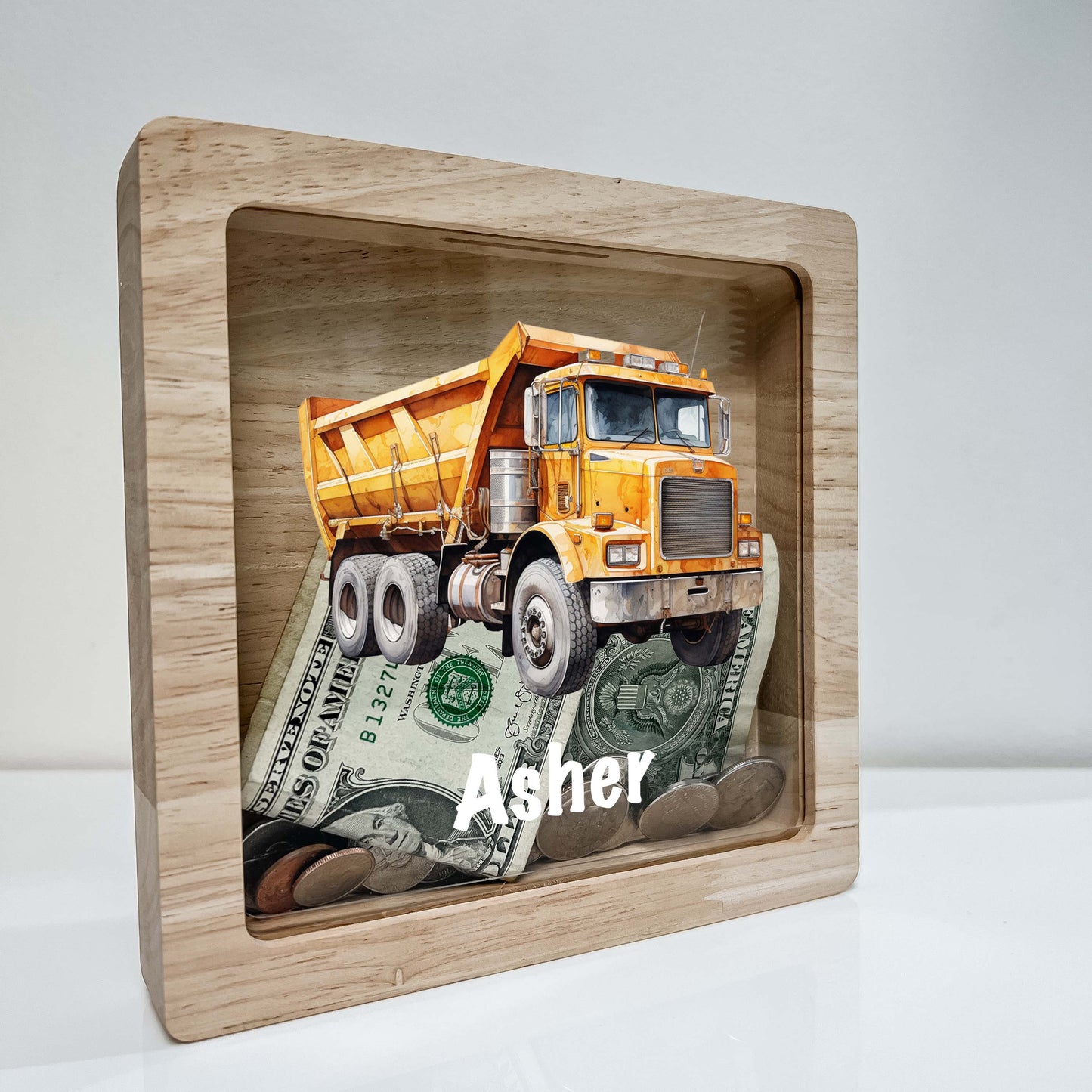 Personalized Savings In Style Piggy Bank Boys Custom Name Money Box Construction Dump Truck Dumping Trailer Heavy Duty Equipment Themed Gift