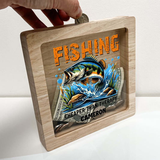 Personalized Savings Piggy Bank for Boys Custom Name Money Box Catching Fish Gone Fishing Cute Fishing Themed Nursery Toddler Boys Room Gift