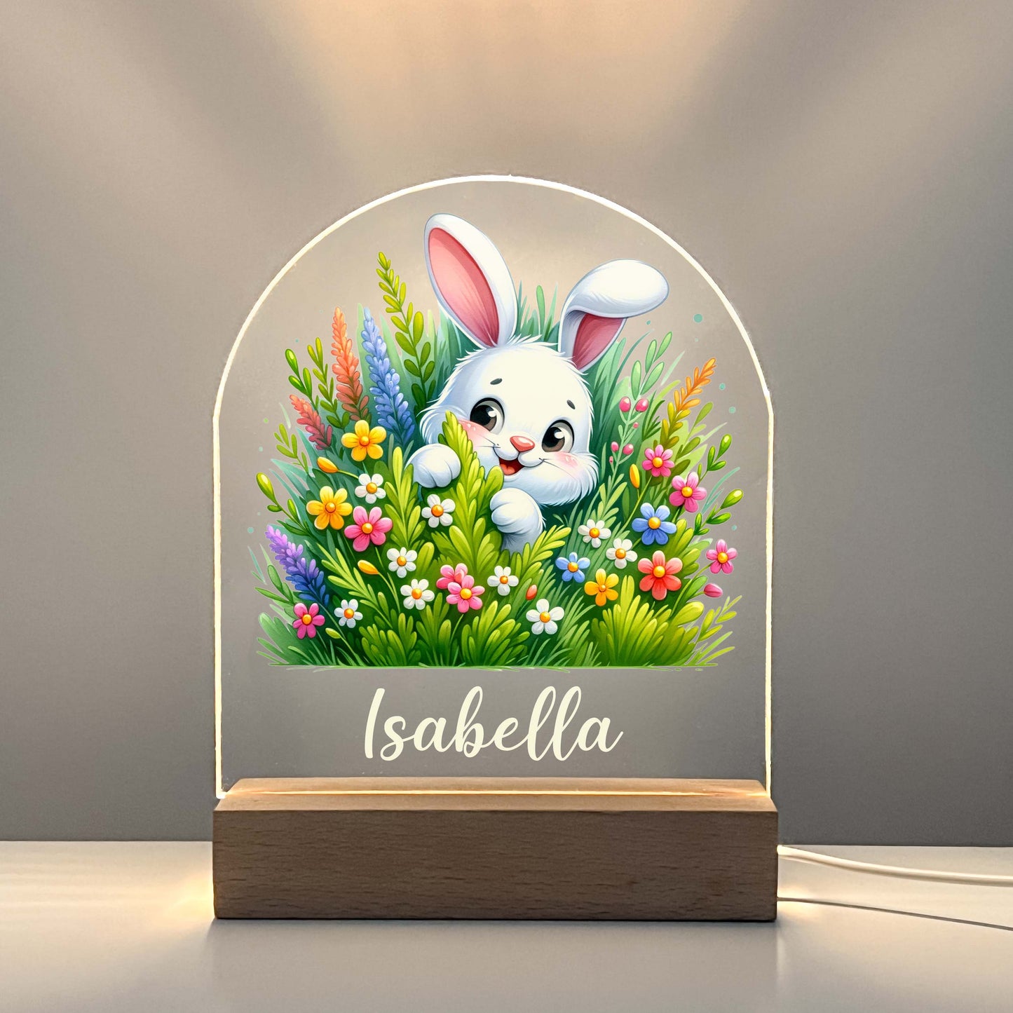 Too Cute To Resist Bunny Rabbit Night Light Up Table Lamp Wood Base LED Personalized Kids Childs Room Gift, Bedroom Decor, Boys Night Light