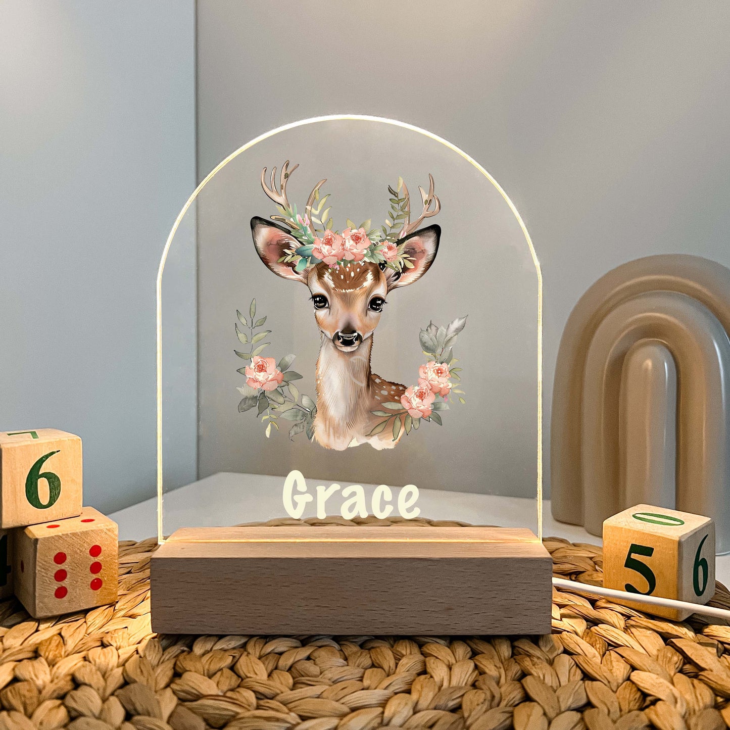 Deer LED lamp with wooden base, flowers and animals, personalized gift, Friends Night LED Lamp For Kids Room, Baby Gift, Girls Boys Night Light, Bedroom Decor, Night Light Gift