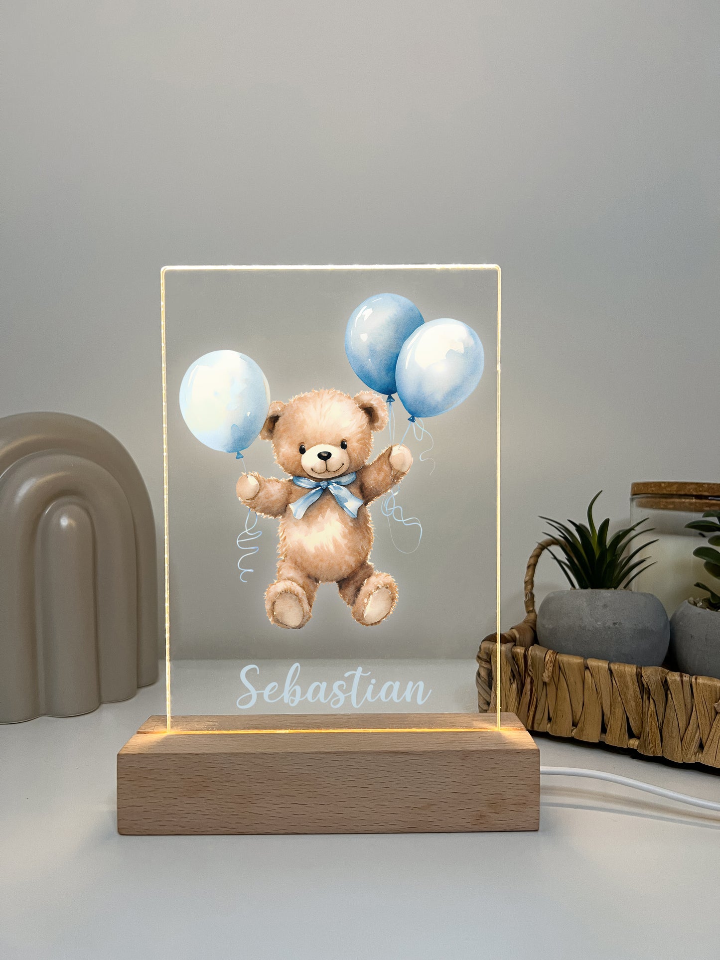 Personalized Cute Baby Blue Bear with Balloons Night LED Lamp For Kids Room, Cute Baby Gift, Custom Girls Boys Night Light, Nursery Decor, Night Light Gift, not arched