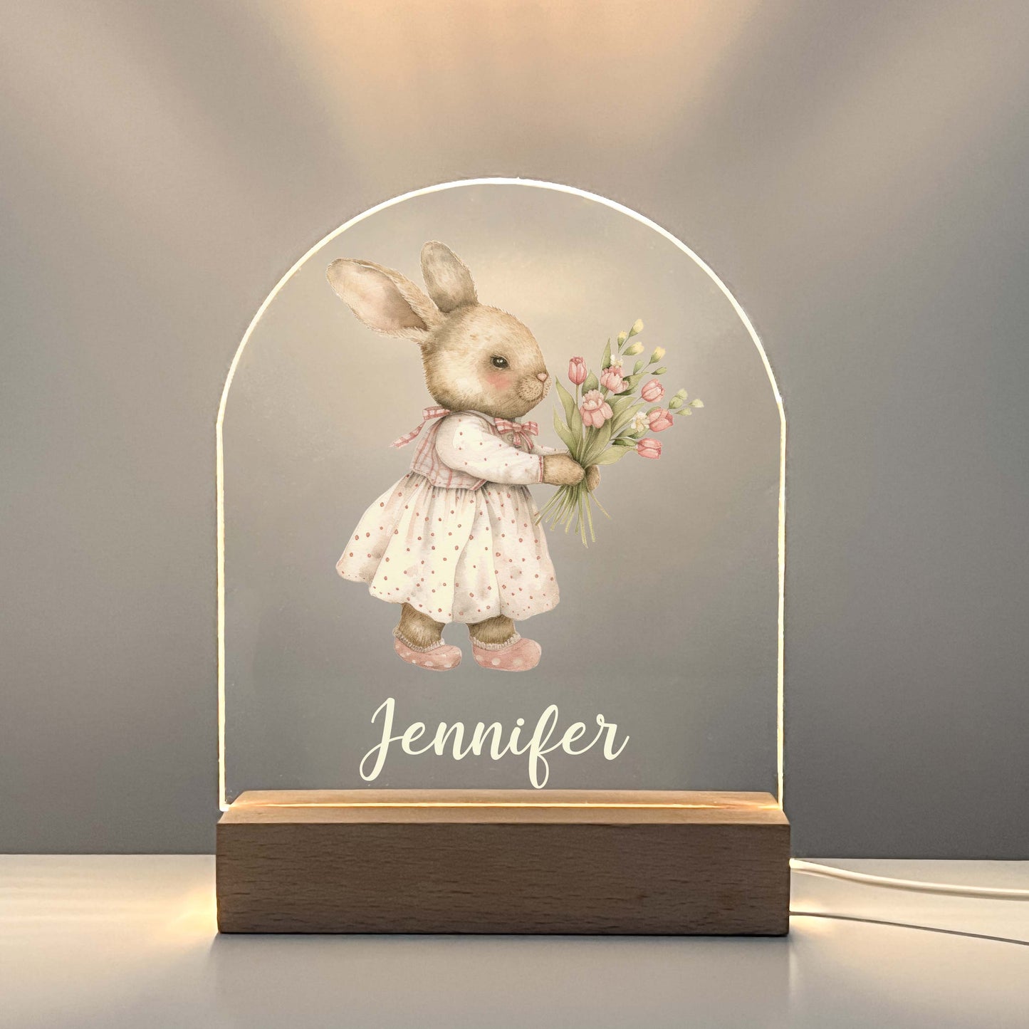 Too Cute To Resist Bunny Rabbit Night Light Up Table Lamp Wood Base LED Personalized Kids Childs Room Gift, Bedroom Decor, Girls Night Light