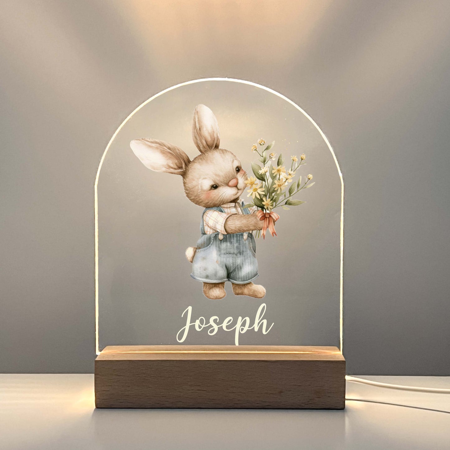 Too Cute To Resist Bunny Rabbit Night Light Up Table Lamp Wood Base LED Personalized Kids Childs Room Gift, Bedroom Decor, Boys Night Light