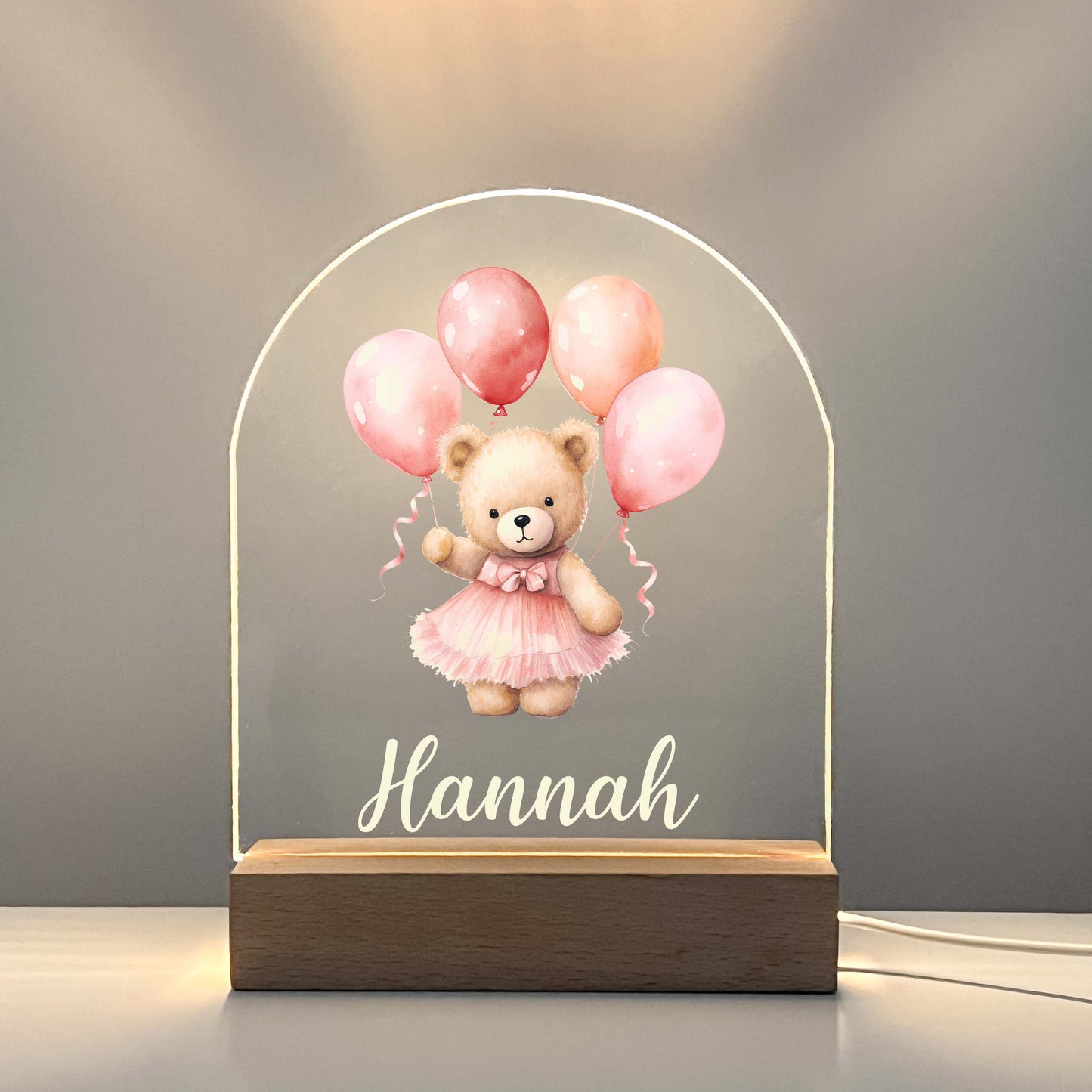 Personalized Cute Baby Pink Bear with Balloons Night LED Lamp For Kids Room, Cute Baby Gift, Custom Girls Boys Night Light, Nursery Decor, Night Light Gift