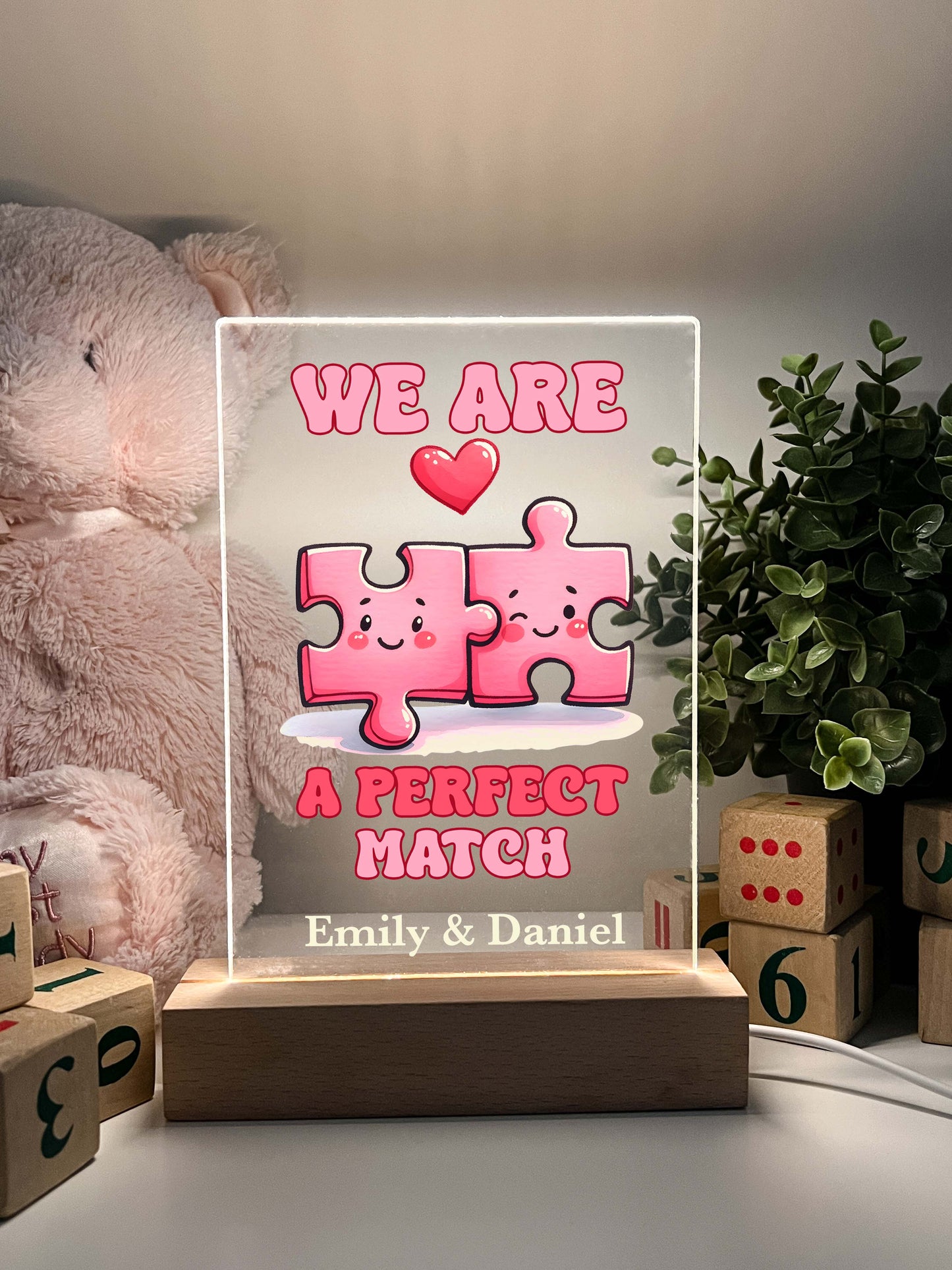 Personalized Love Puzzle Piece Perfect Match Desk Stand Light Up LED Lamp with Wooden Base, Valentines Gift, Couples gift, Gift for her, Anniversary Gift