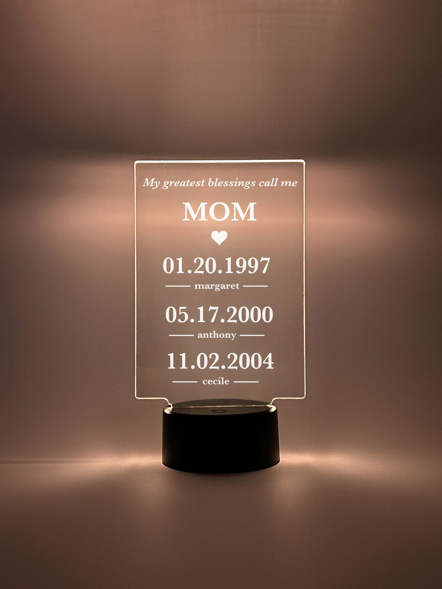 Custom Frame Personalized LED Night Lamp, 16 Colors, Gifts for Her, Dates, My Greatest Blessings Call Me Mom, Mommy Best Mother Day Gift With Children's Name & DOB