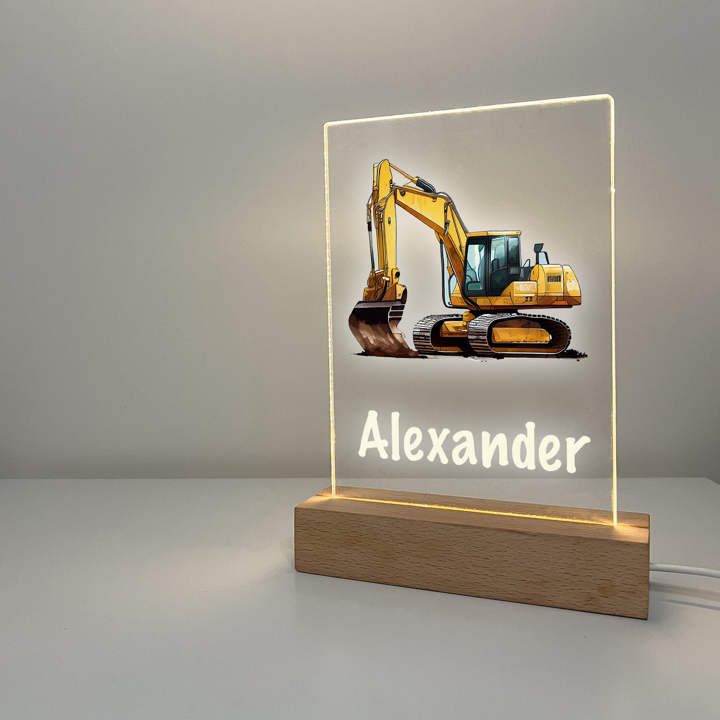 Personalized Excavator LED Light Up Desk Lamp Wood Stand