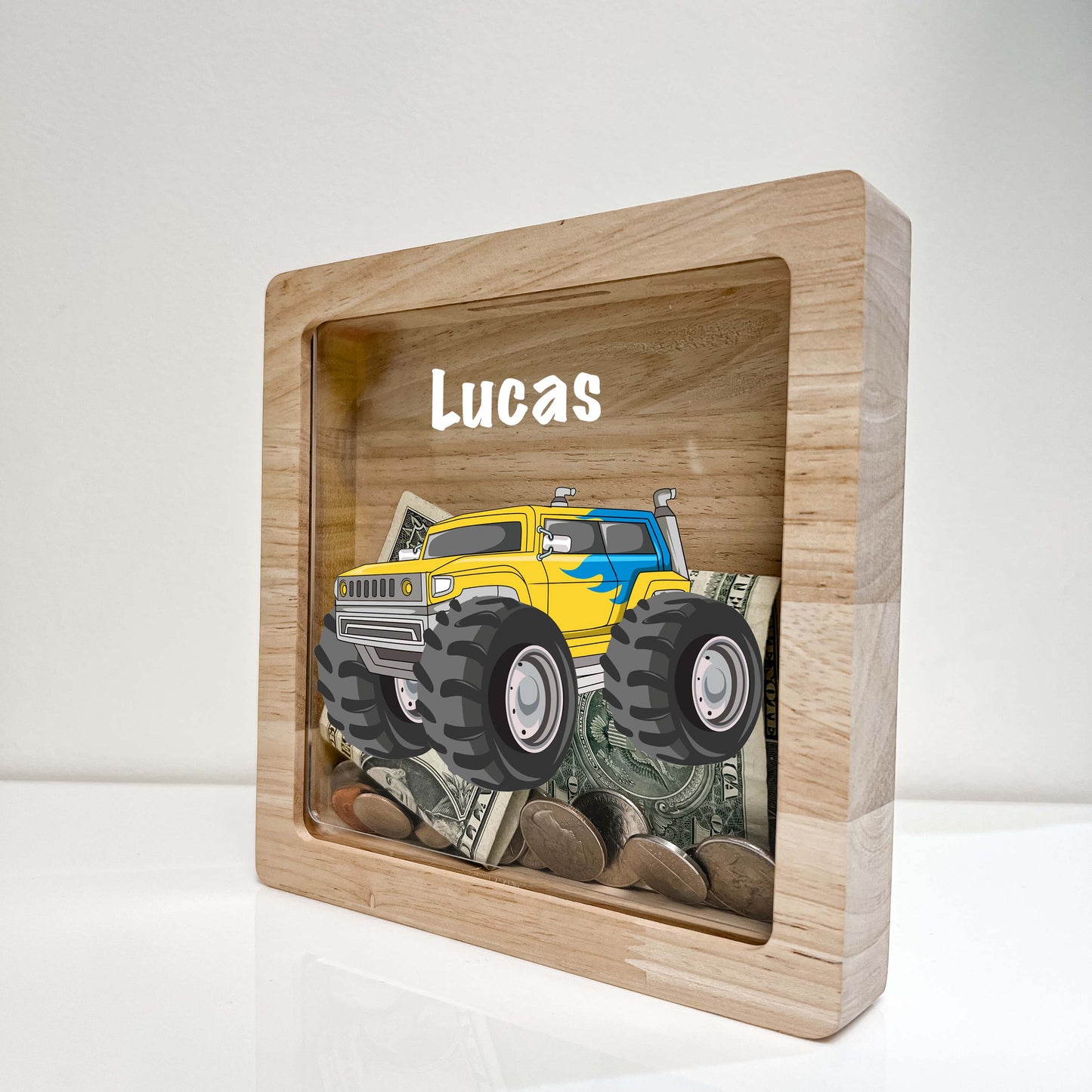 Personalized Savings Piggy Bank Boys Room Decor Custom Name Money Box Monster Jam Truck 4x4 Jumps & Stunts Heavy Duty Equipment Themed Gift