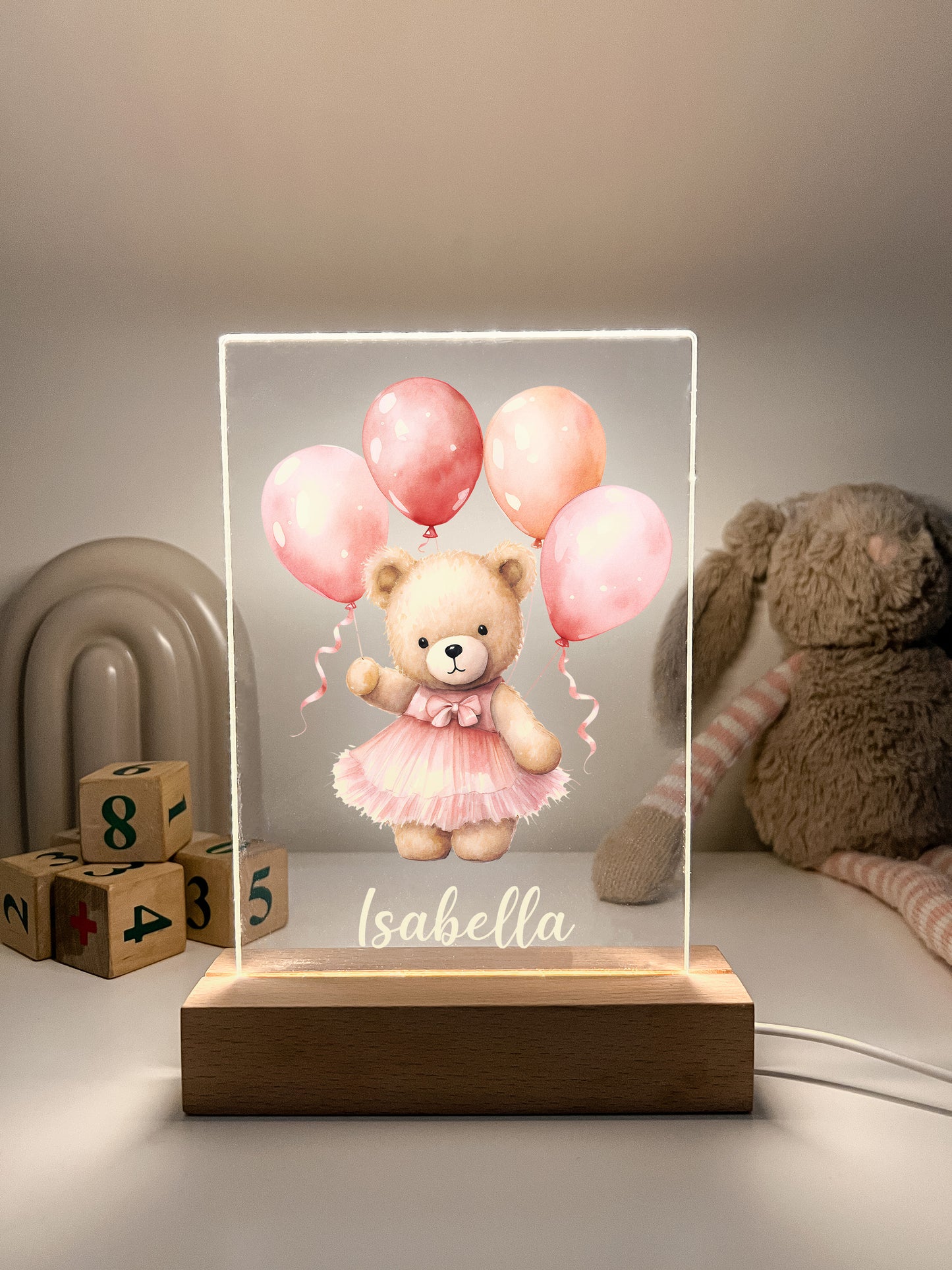 Personalized Cute Baby Pink Bear with Balloons Night LED Lamp For Kids Room, Cute Baby Gift, Custom Girls Boys Night Light, Nursery Decor, Night Light Gift, not arched