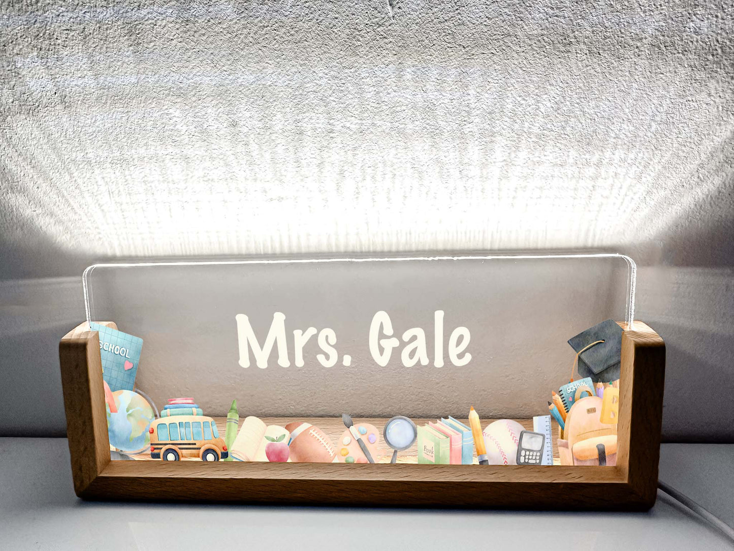 Personalized Teacher School Classroom Desk Name Plate With Wooden Base, Lighted LED Light Nameplate, Desk Accessories, Teacher Gifts