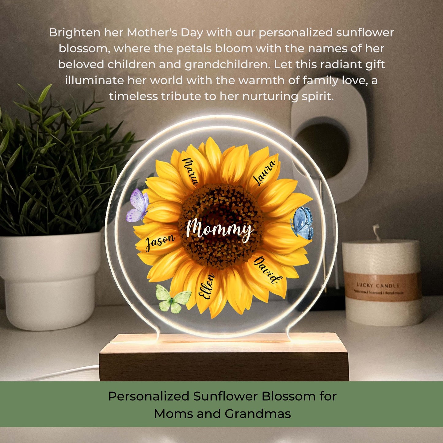 LED lamp with Wooden Stand Personalized Sunflower Blossom Night Light Up Lamp for Mom, Mommy Mama & Grandma Nana Mema - Children's Name on Pedals