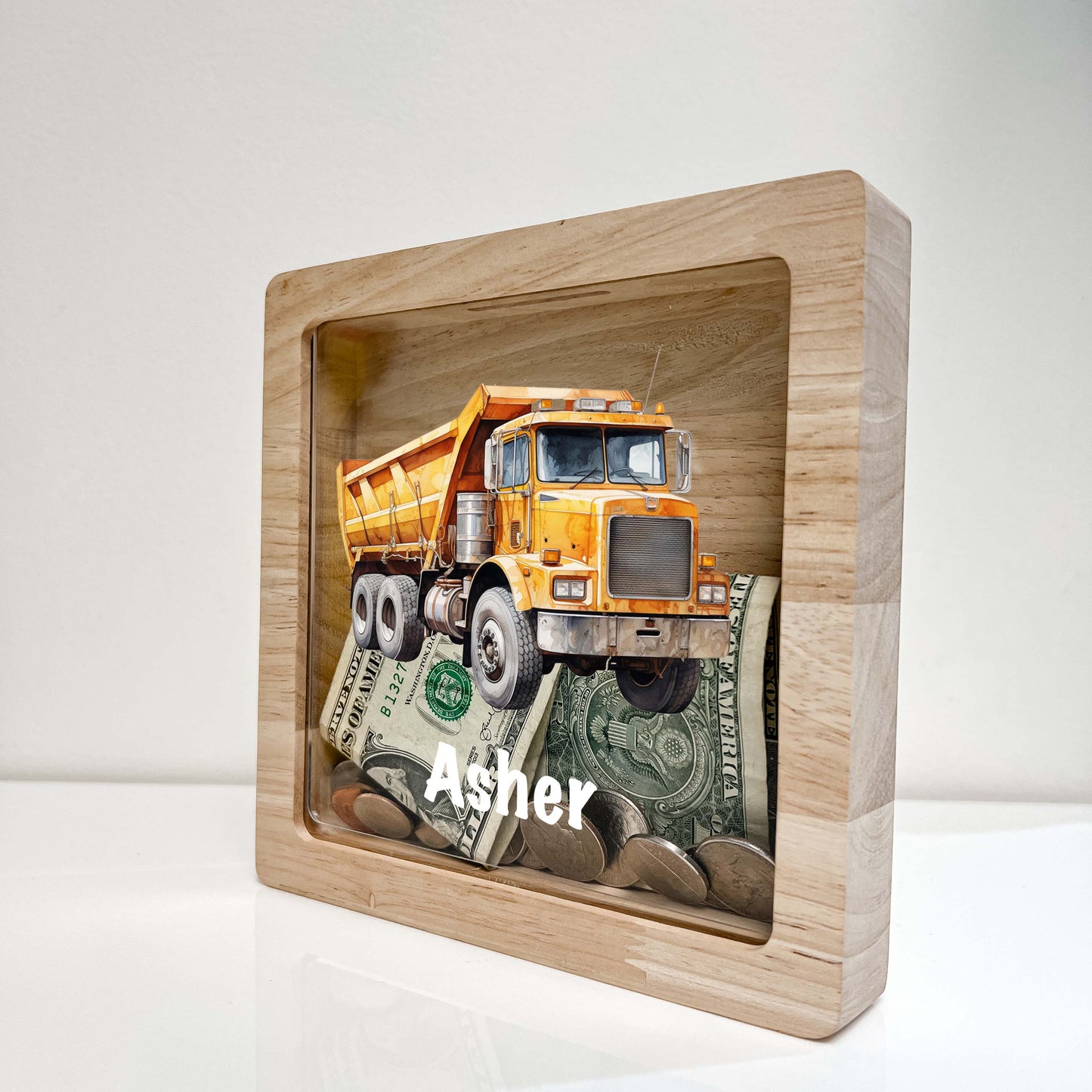 Personalized Savings In Style Piggy Bank Boys Custom Name Money Box Construction Dump Truck Dumping Trailer Heavy Duty Equipment Themed Gift