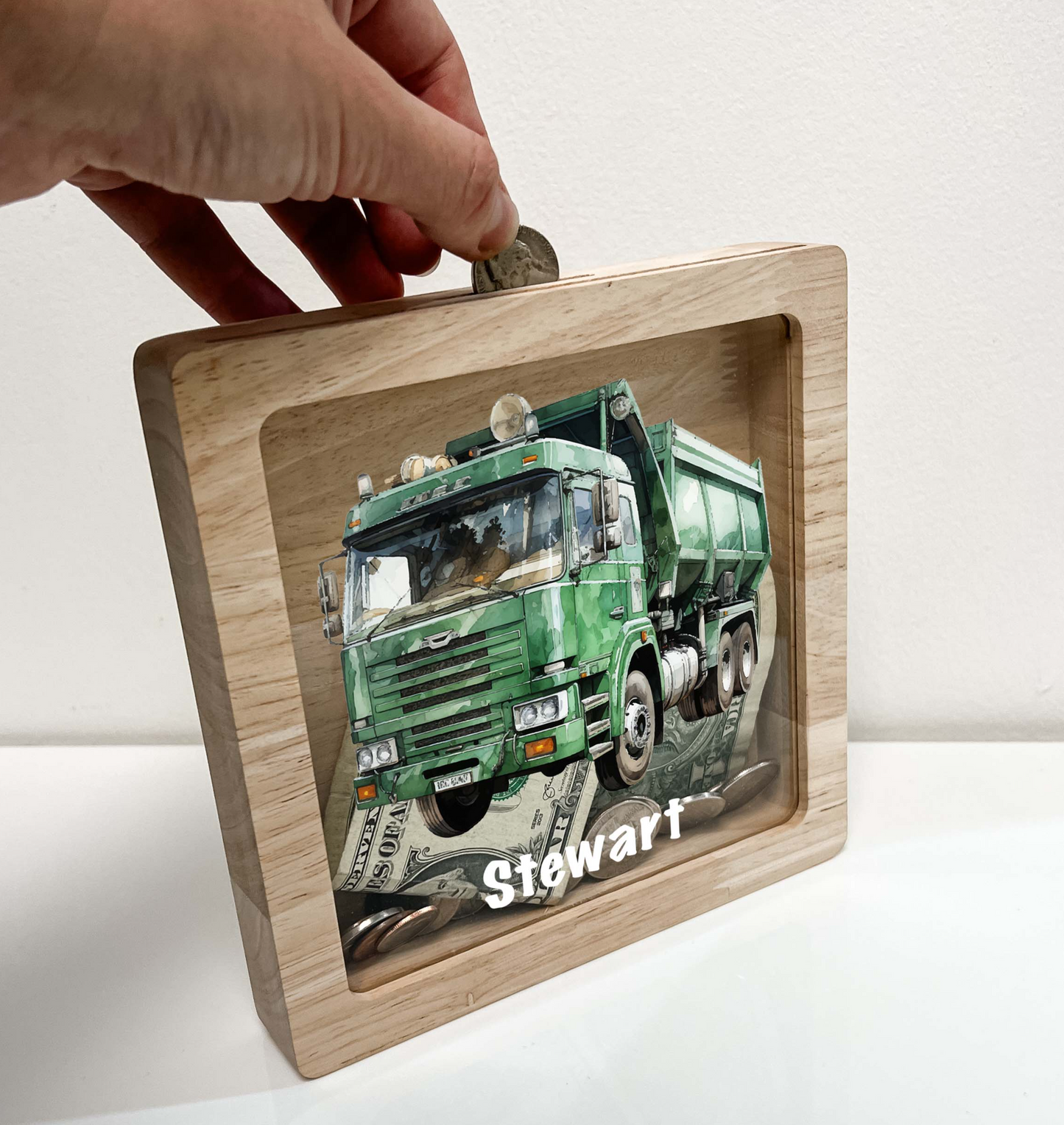 Personalized Savings Piggy Bank Boy Custom Name Money Box Sanitation Garbage Trash Truck Dumping Trailer Heavy Duty Equipment Themed Gift