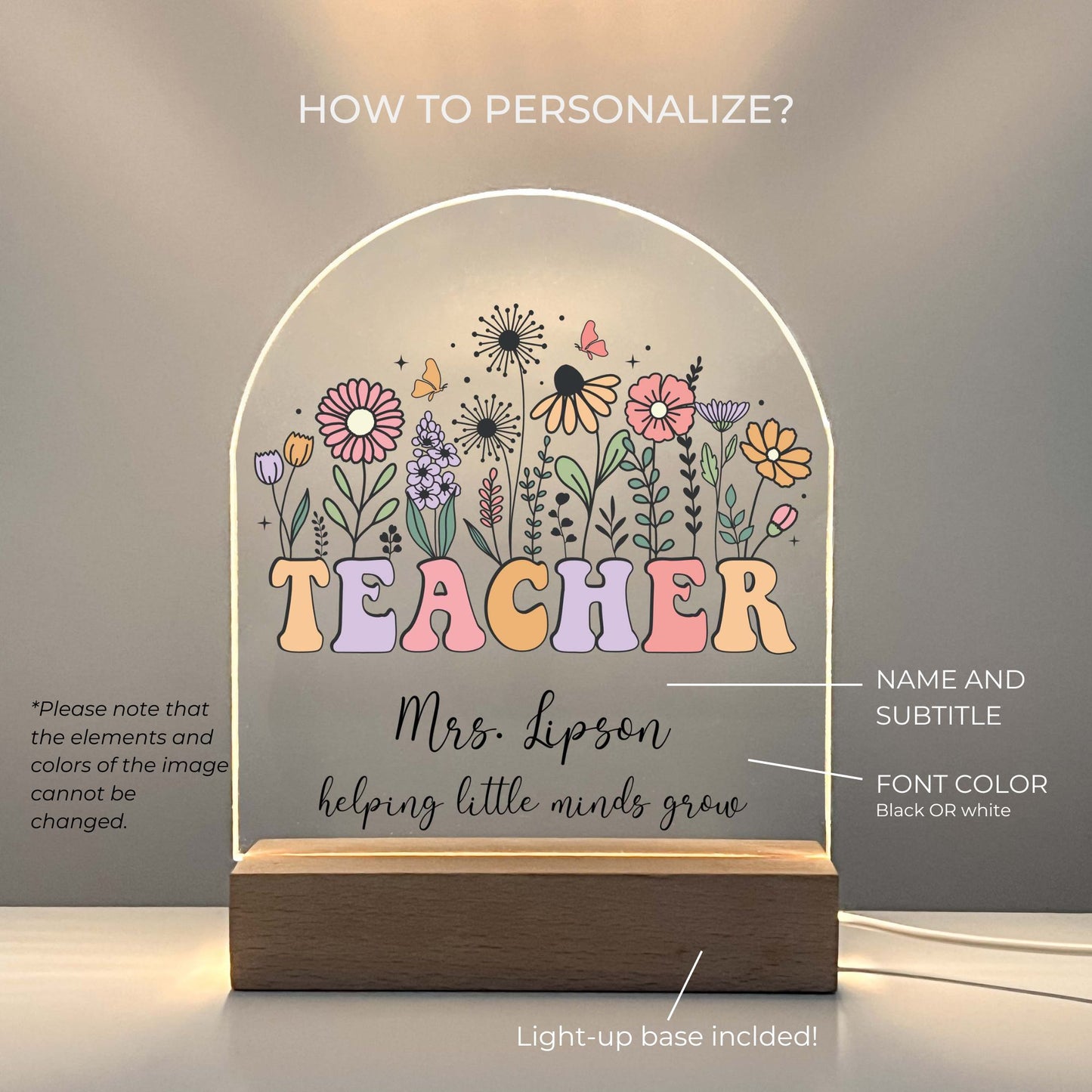 Perfect Teacher Appreciation Gift, Personalized Teacher Desk Name Plate, LED Light with Wooden Lamp, Gift for Teacher, End Of The Year Teacher Thank You Gift