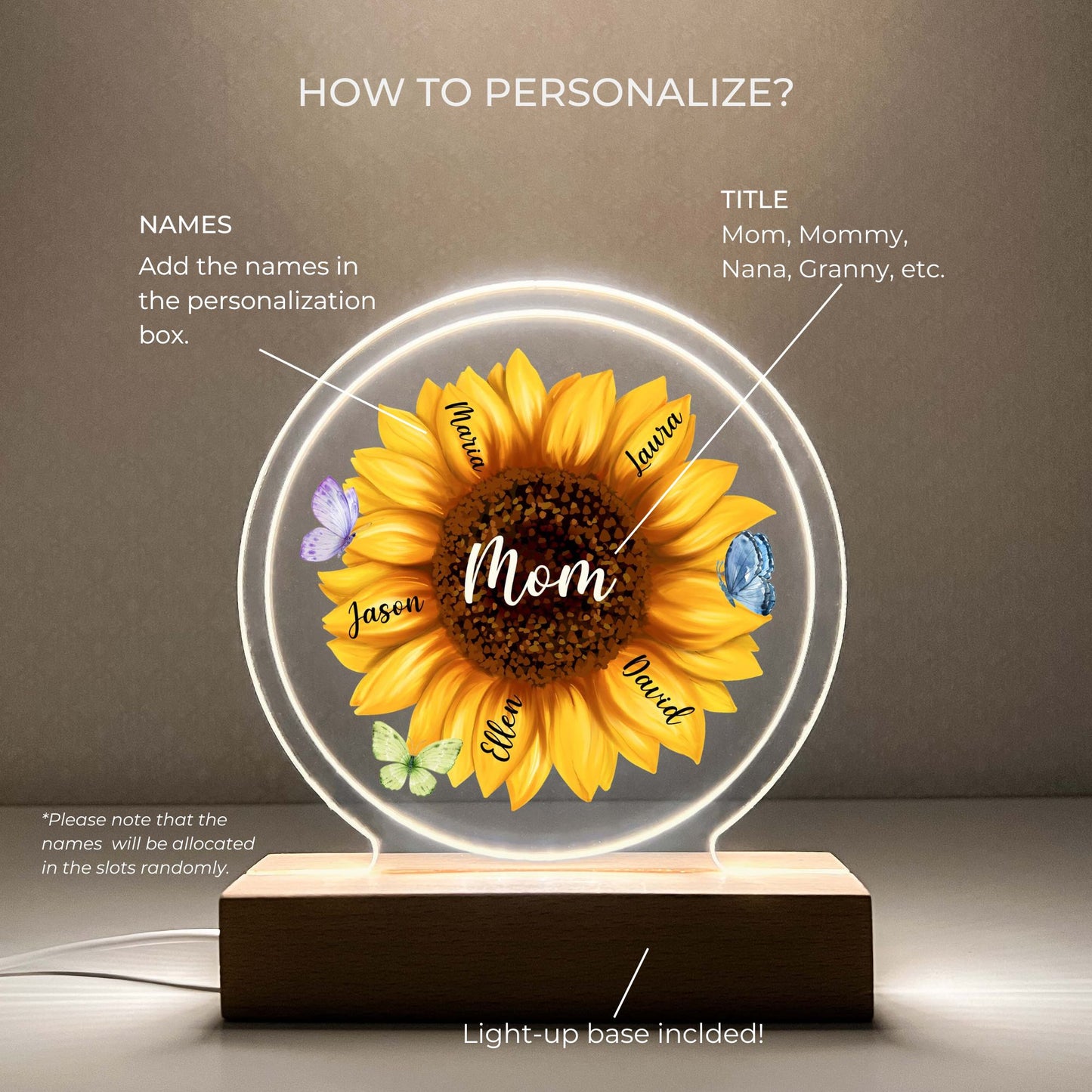 LED lamp with Wooden Stand Personalized Sunflower Blossom Night Light Up Lamp for Mom, Mommy Mama & Grandma Nana Mema - Children's Name on Pedals