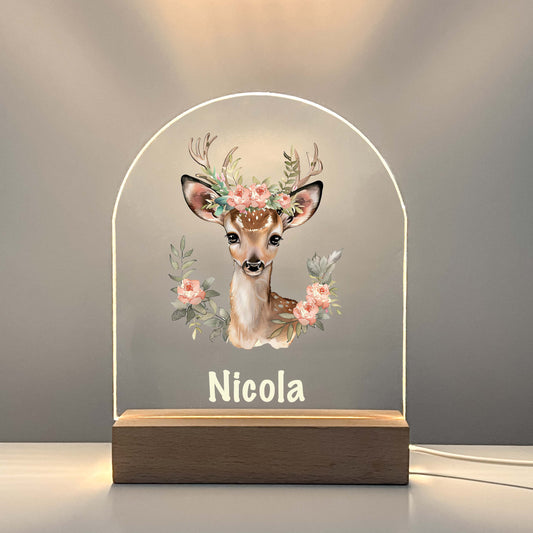 Deer LED lamp with wooden base, flowers and animals, personalized gift, Friends Night LED Lamp For Kids Room, Baby Gift, Girls Boys Night Light, Bedroom Decor, Night Light Gift