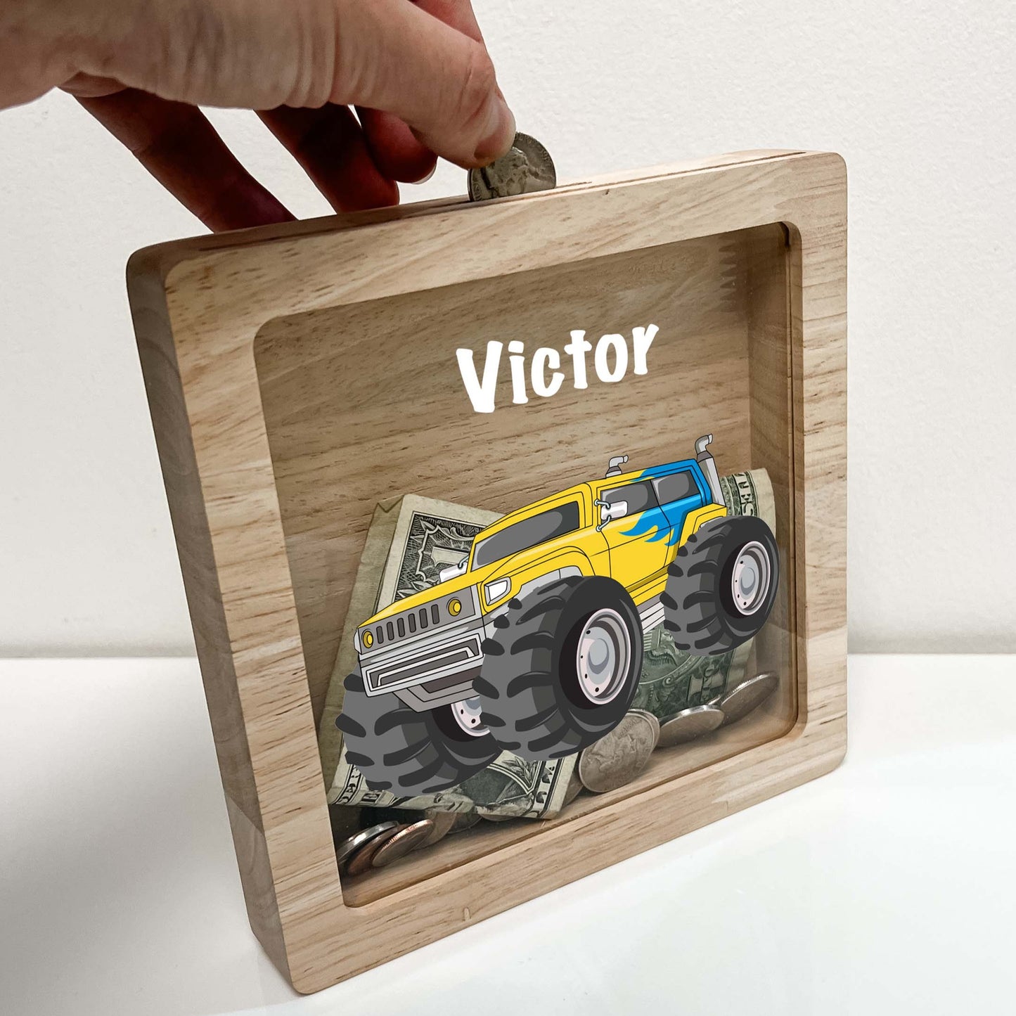 Personalized Savings Piggy Bank Boys Room Decor Custom Name Money Box Monster Jam Truck 4x4 Jumps & Stunts Heavy Duty Equipment Themed Gift