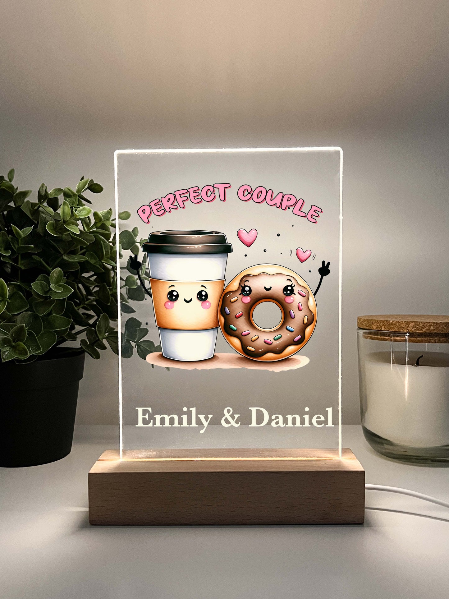 Personalized Coffee & Doughnut Perfect Match Desk Stand Light Up LED Lamp with Wooden Stand, Valentines Gift, Couples gift, Gift for her, Anniversary Gift