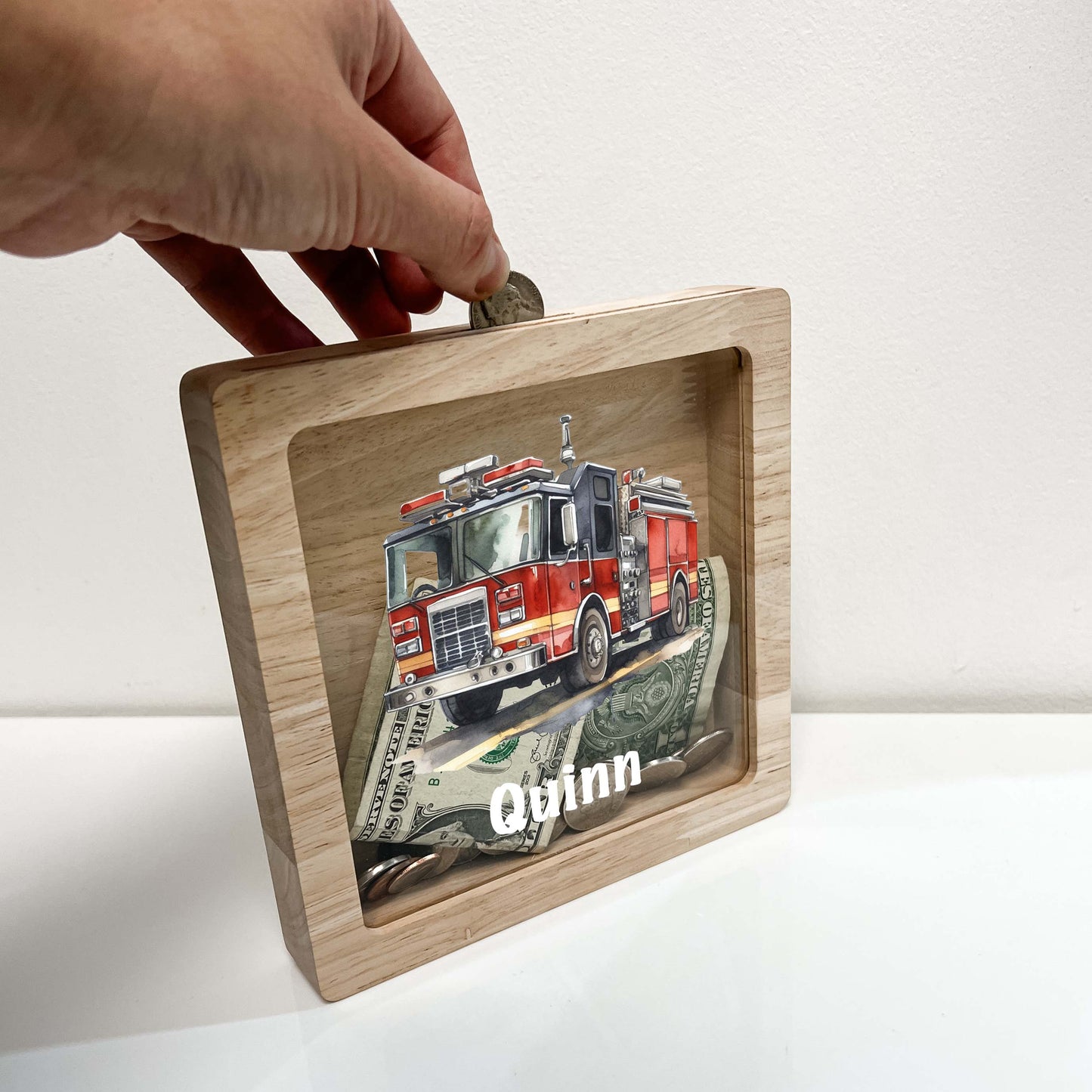 Personalized Savings Piggy Bank Fire Engine Truck Boys Custom Name Money Box Firefighter Room | Fire truck decor for boys | Fire truck gifts