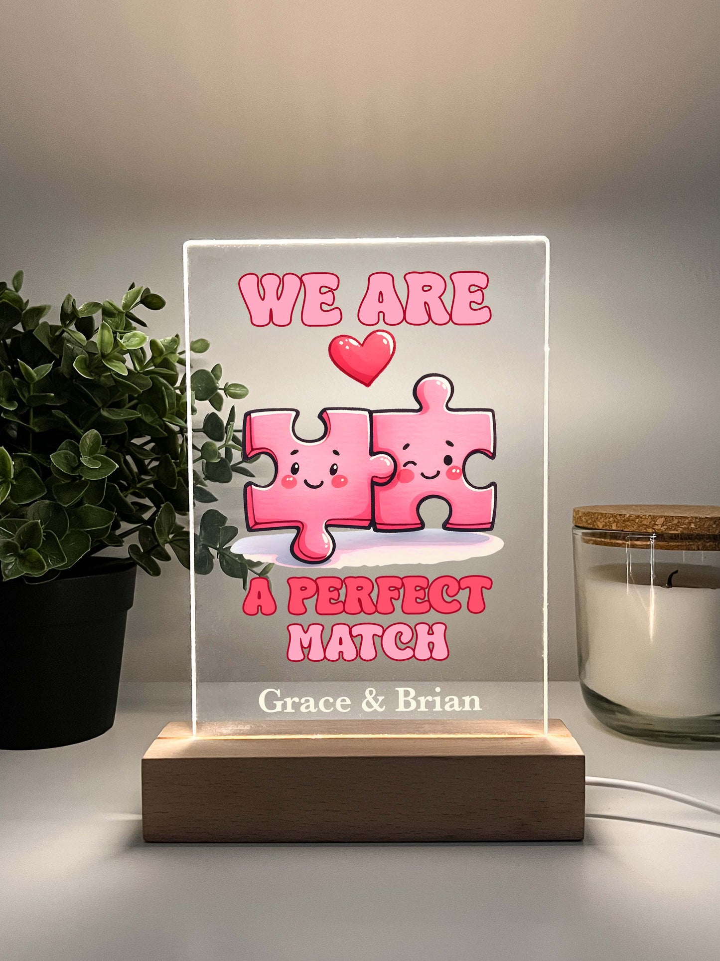 Personalized Love Puzzle Piece Perfect Match Desk Stand Light Up LED Lamp with Wooden Base, Valentines Gift, Couples gift, Gift for her, Anniversary Gift