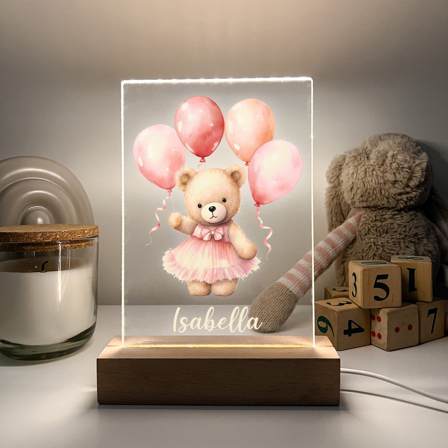 Personalized Cute Baby Pink Bear with Balloons Night LED Lamp For Kids Room, Cute Baby Gift, Custom Girls Boys Night Light, Nursery Decor, Night Light Gift, not arched